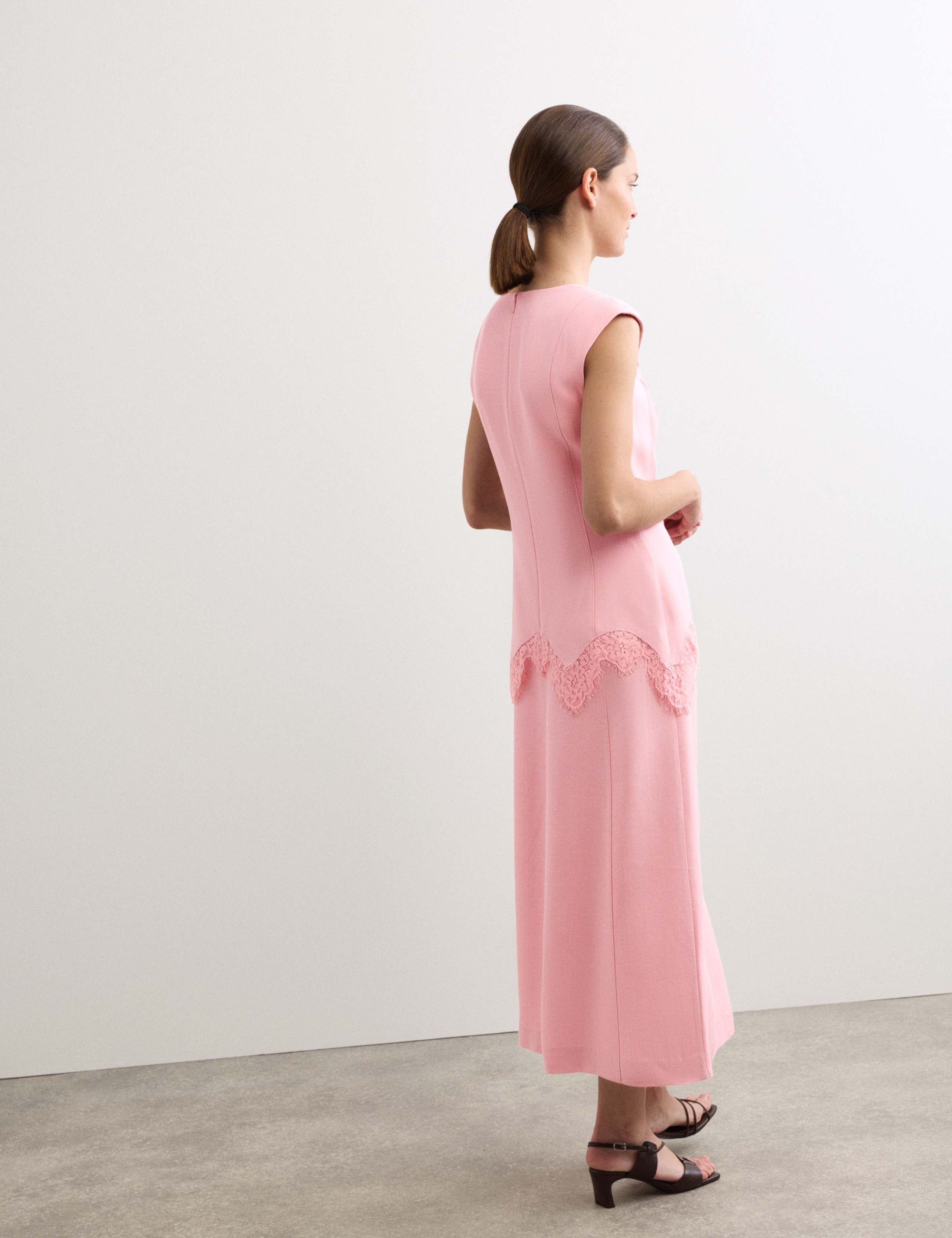 V-Neck Lace Insert Midi Column Dress 8 of 8