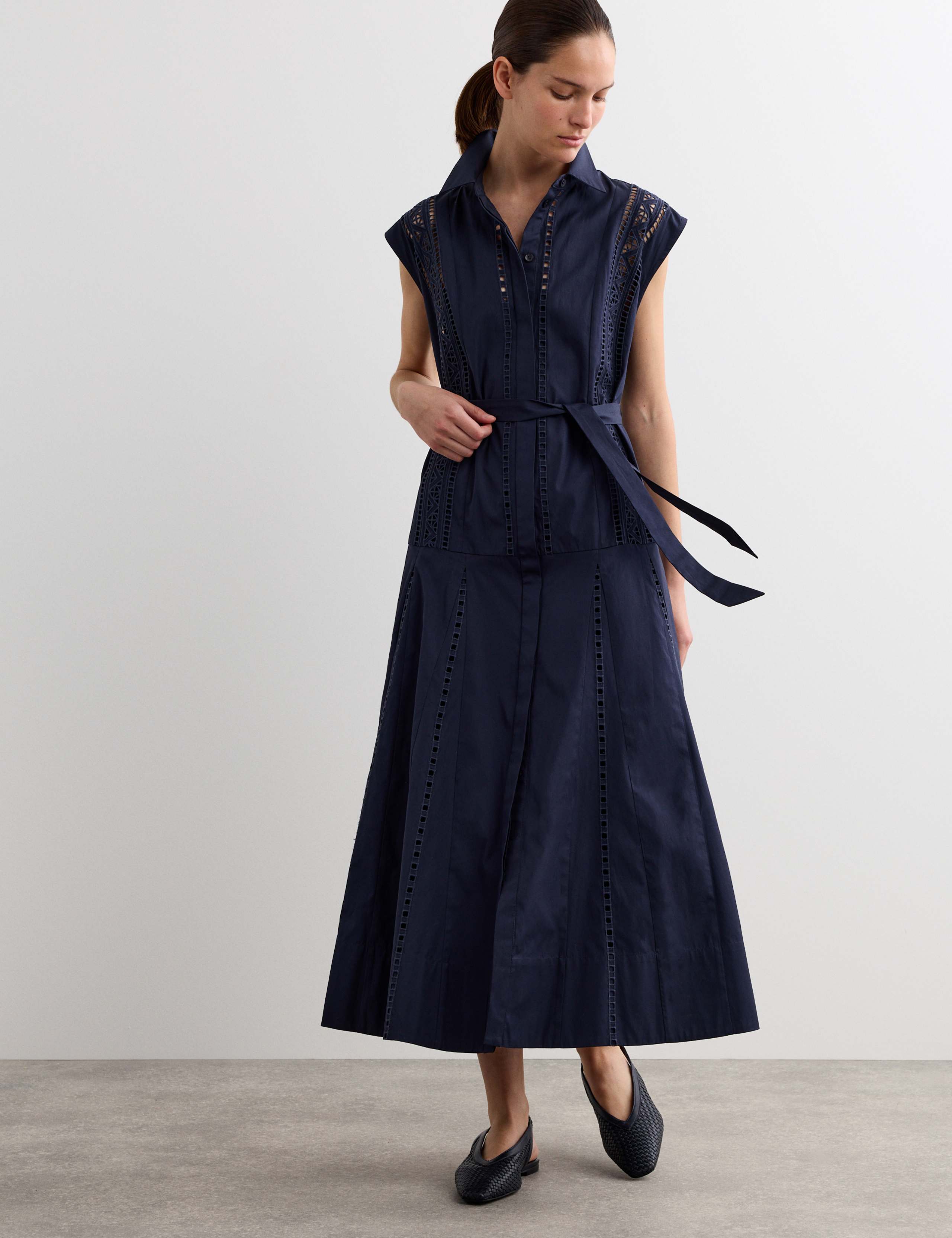 Pure Cotton Broderie Midi Shirt Dress 1 of 7