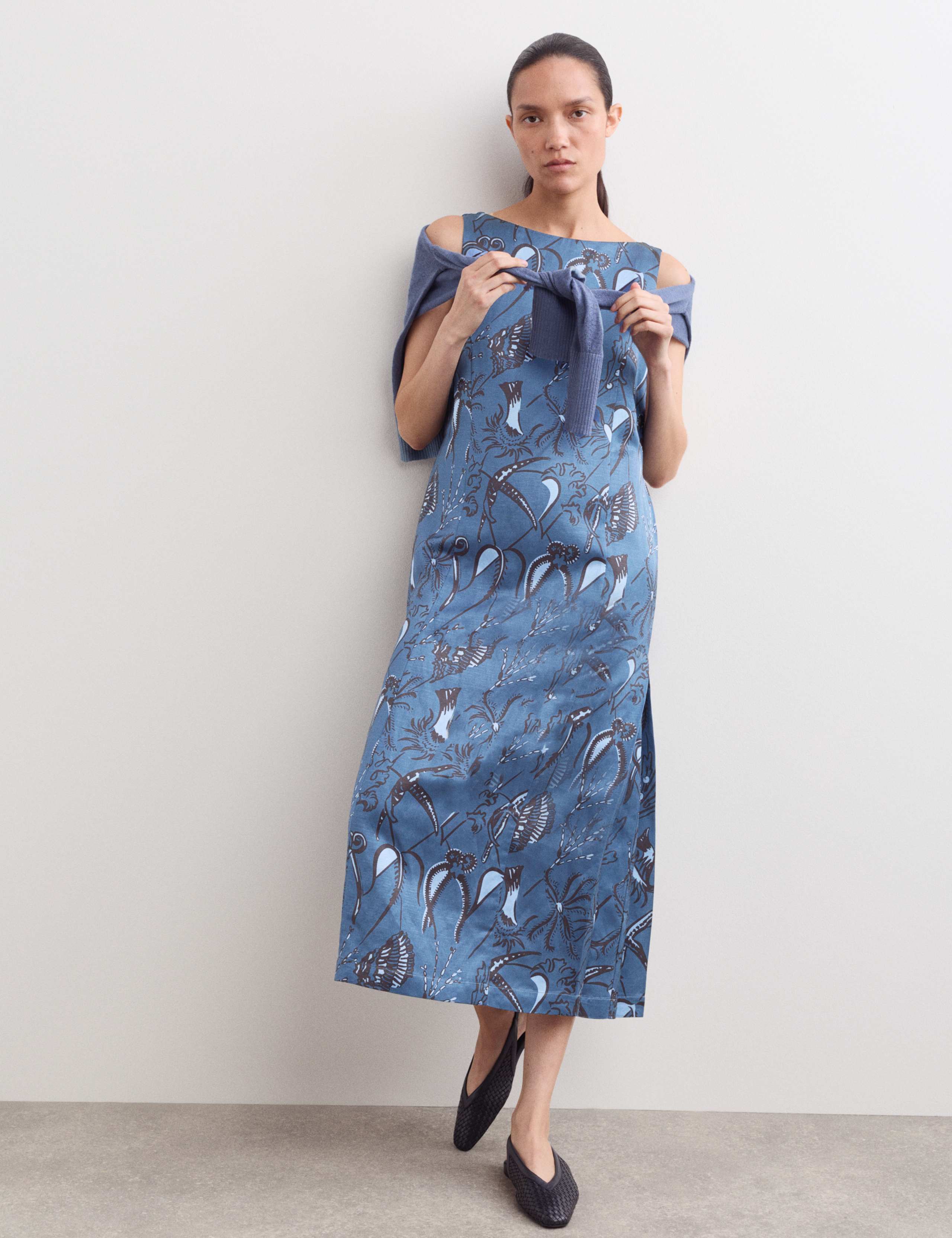Sea Print Slash Neck Midi Column Dress 1 of 7