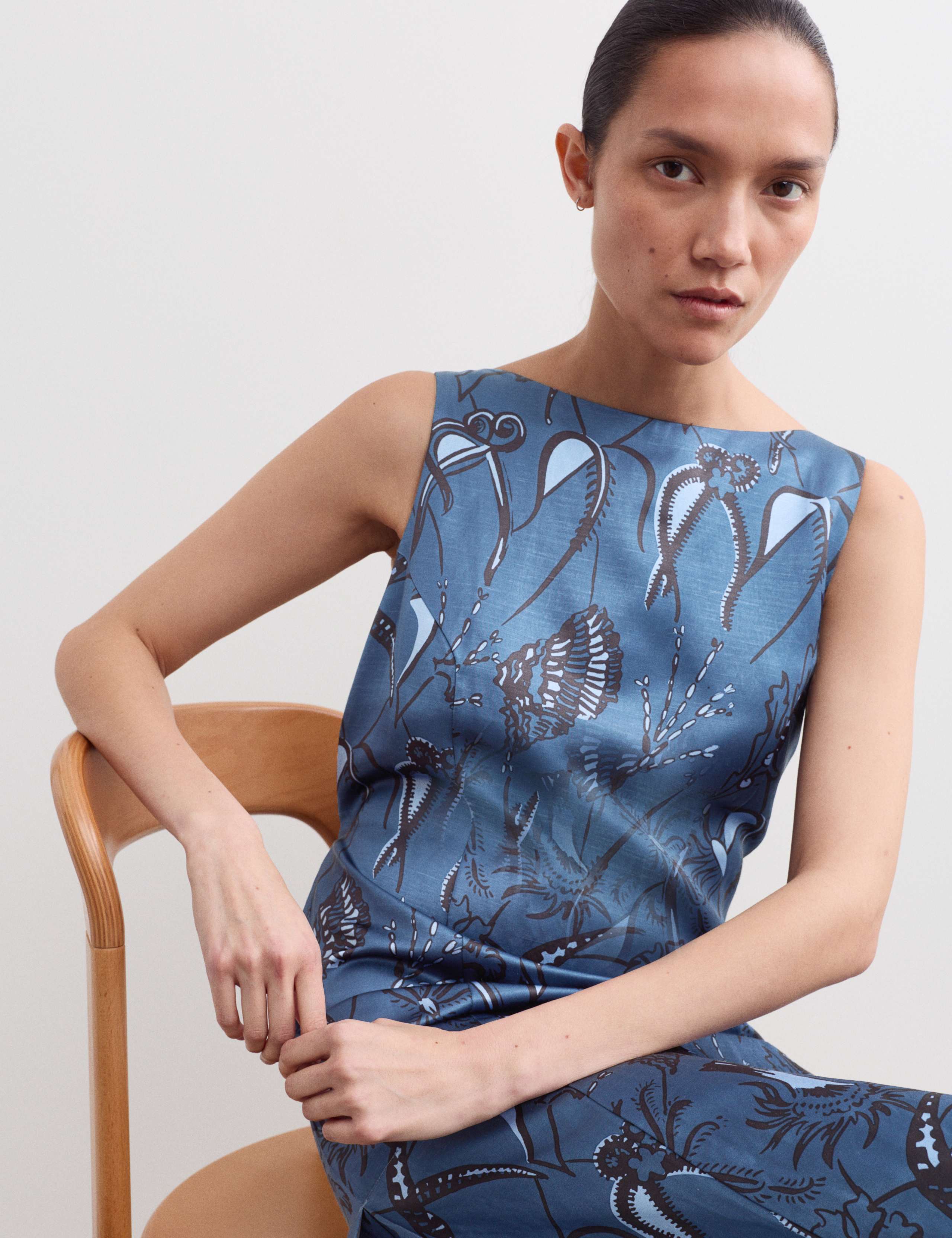 Sea Print Slash Neck Midi Column Dress 3 of 7