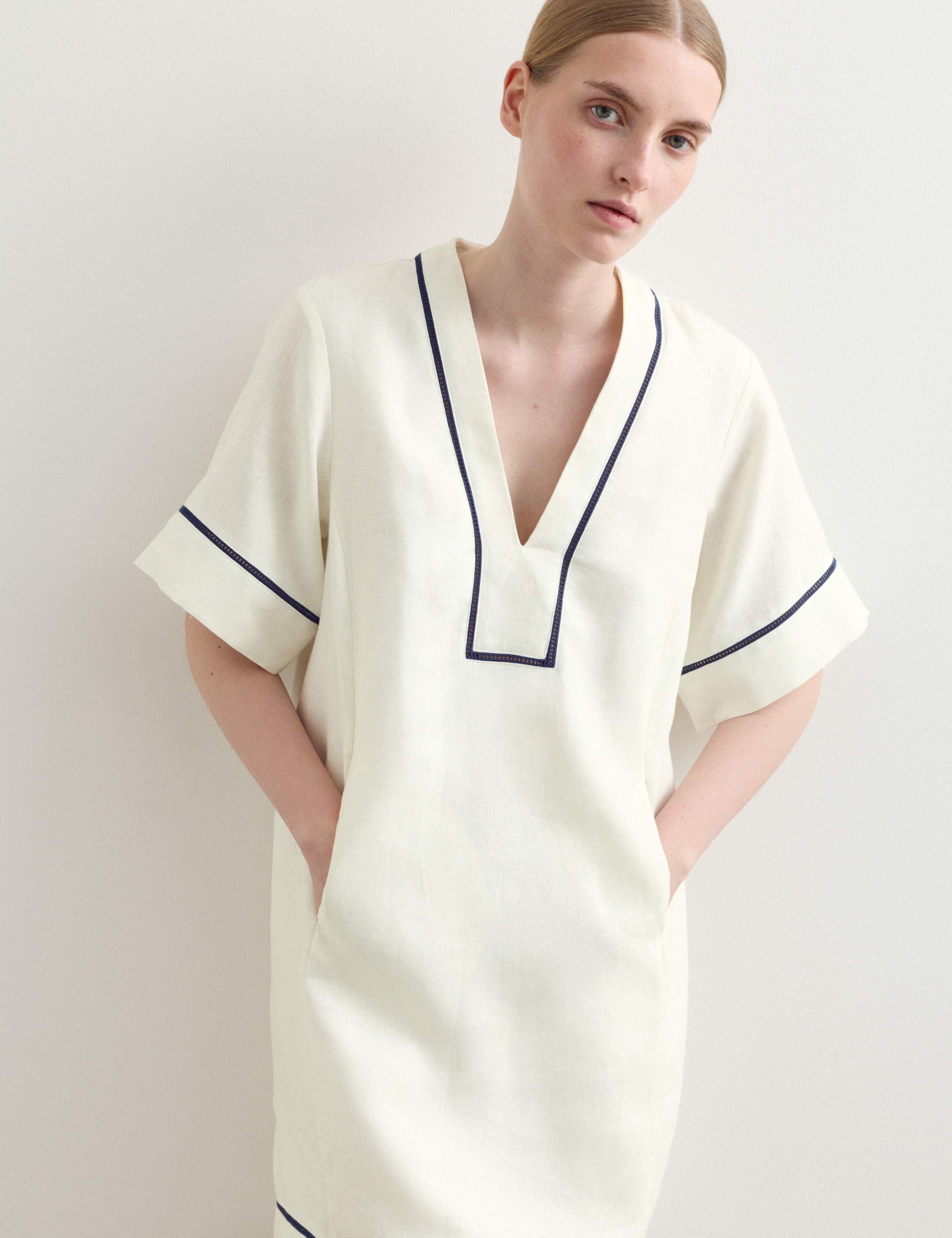 Pure Linen Relaxed V-Neck Knee Length Dress 5 of 7