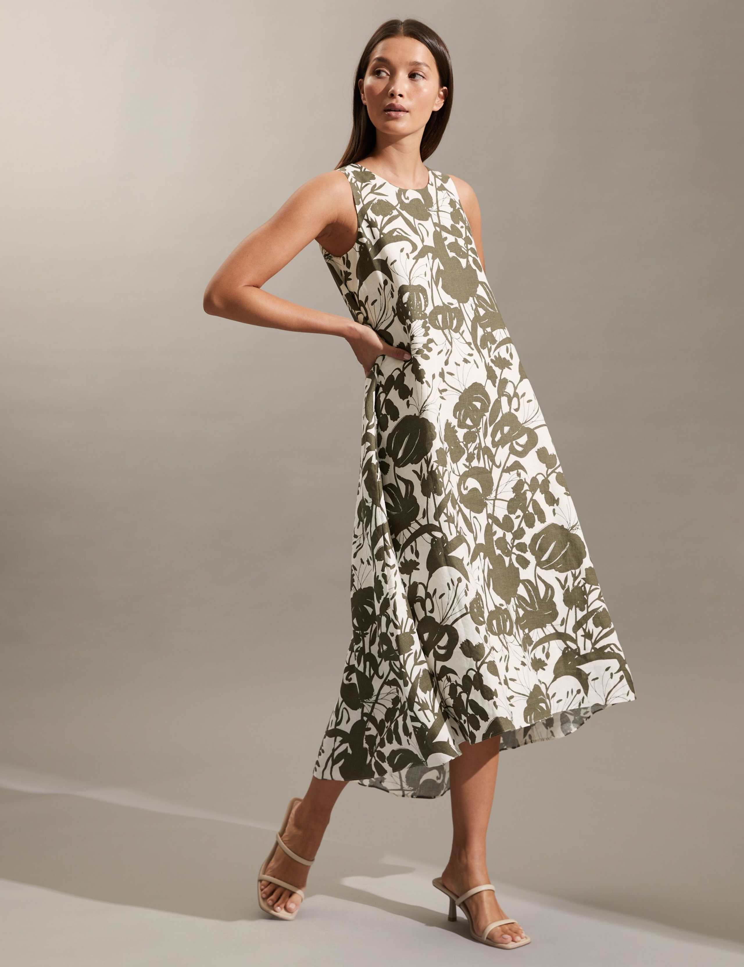 Pure Linen Floral Crew Neck Midi Shift Dress 1 of 6