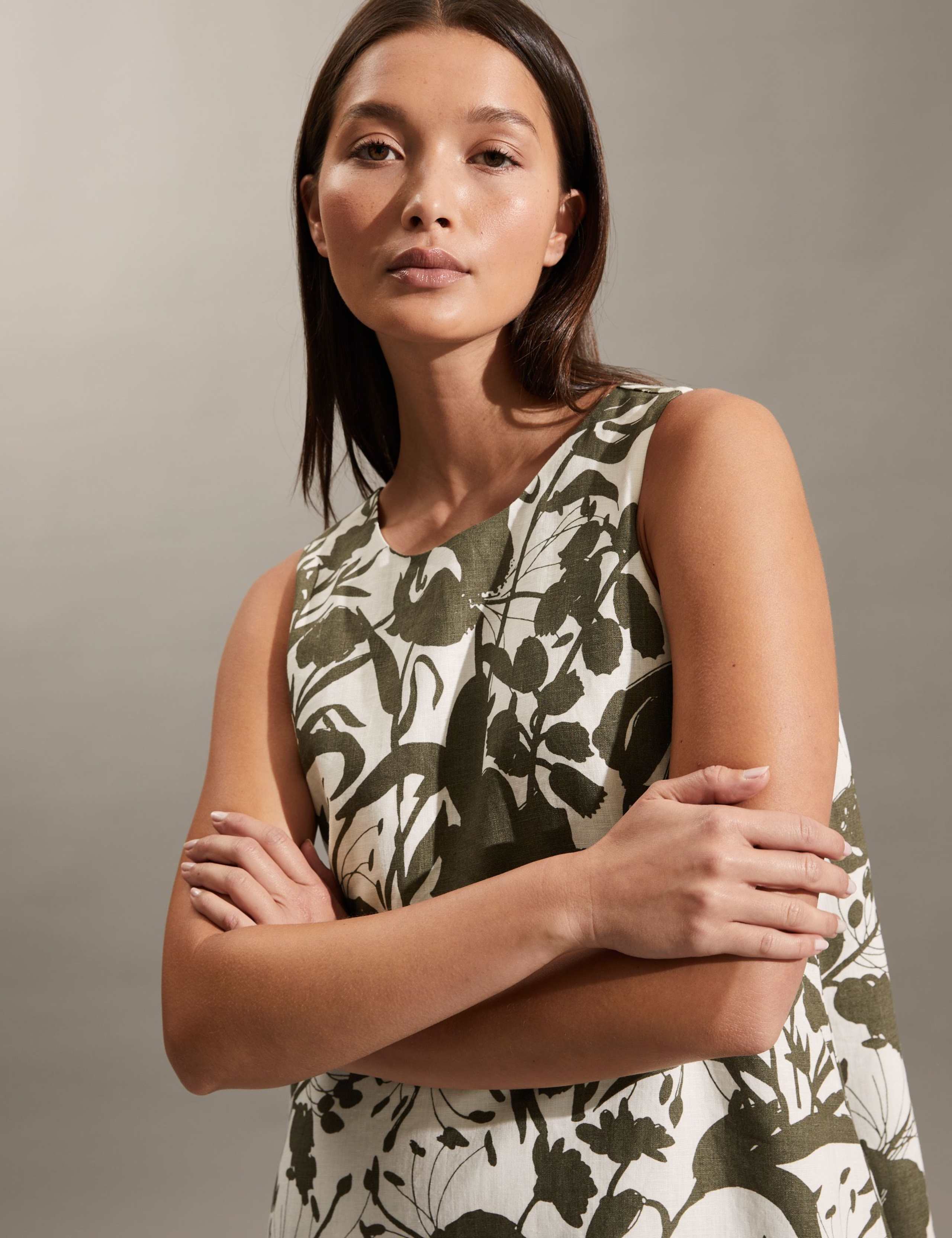 Pure Linen Floral Crew Neck Midi Shift Dress 3 of 6