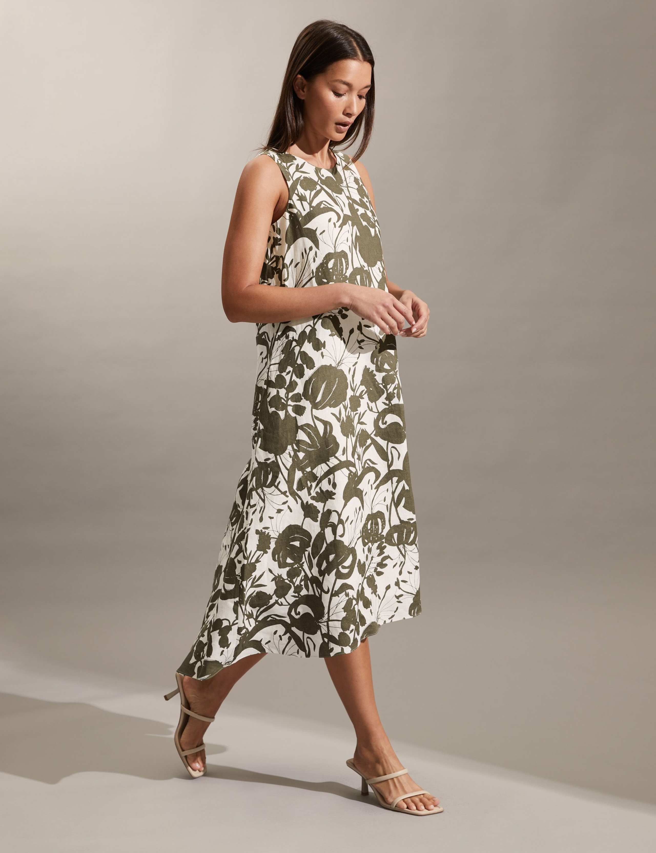 Pure Linen Floral Crew Neck Midi Shift Dress 4 of 6