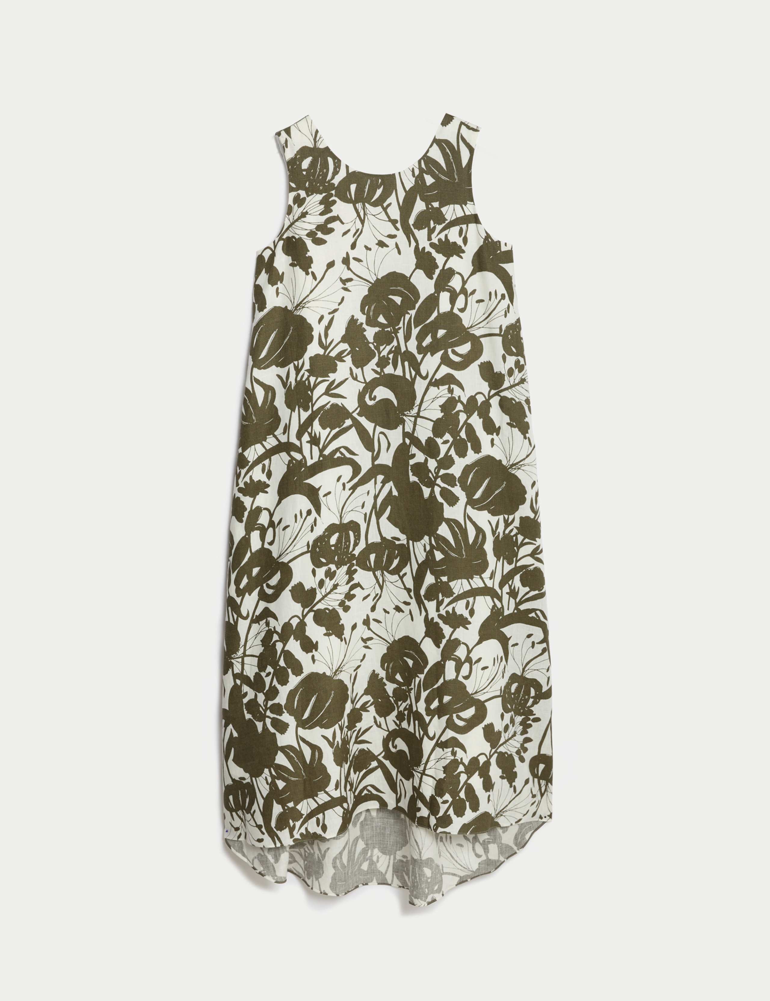 Pure Linen Floral Crew Neck Midi Shift Dress 2 of 6