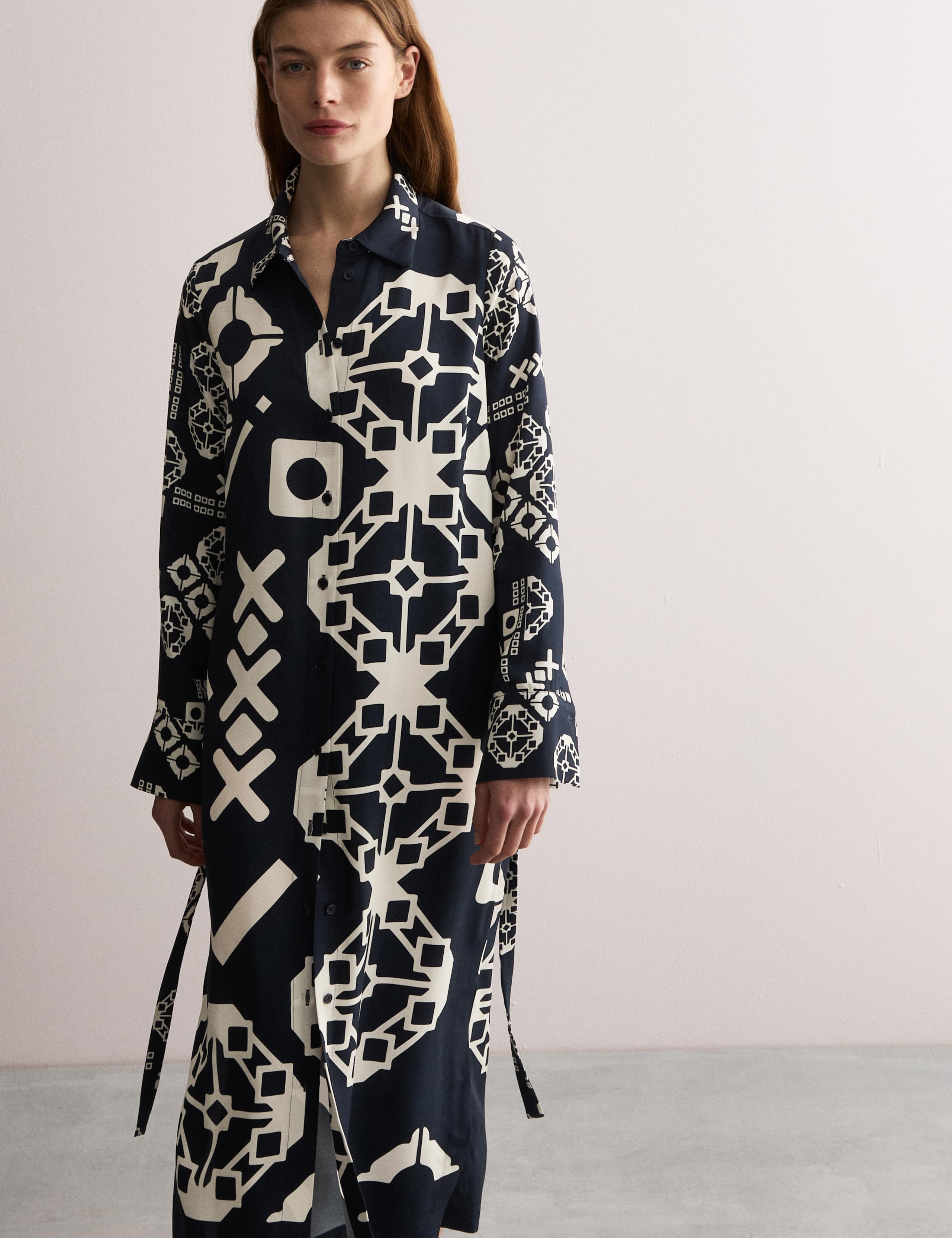 Geometric Collared Belted Midi Shirt Dress 3 of 8