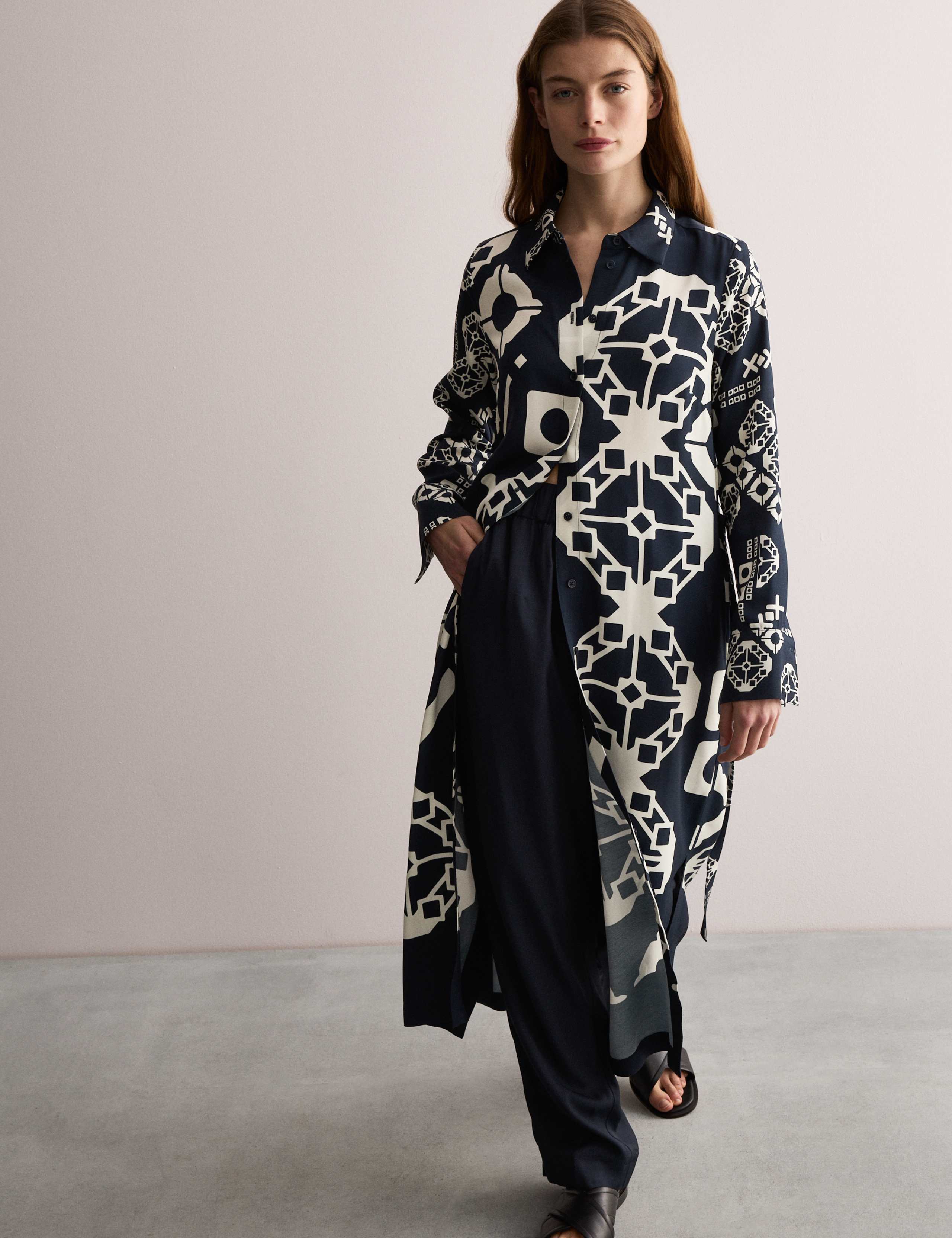 Geometric Collared Belted Midi Shirt Dress 7 of 8