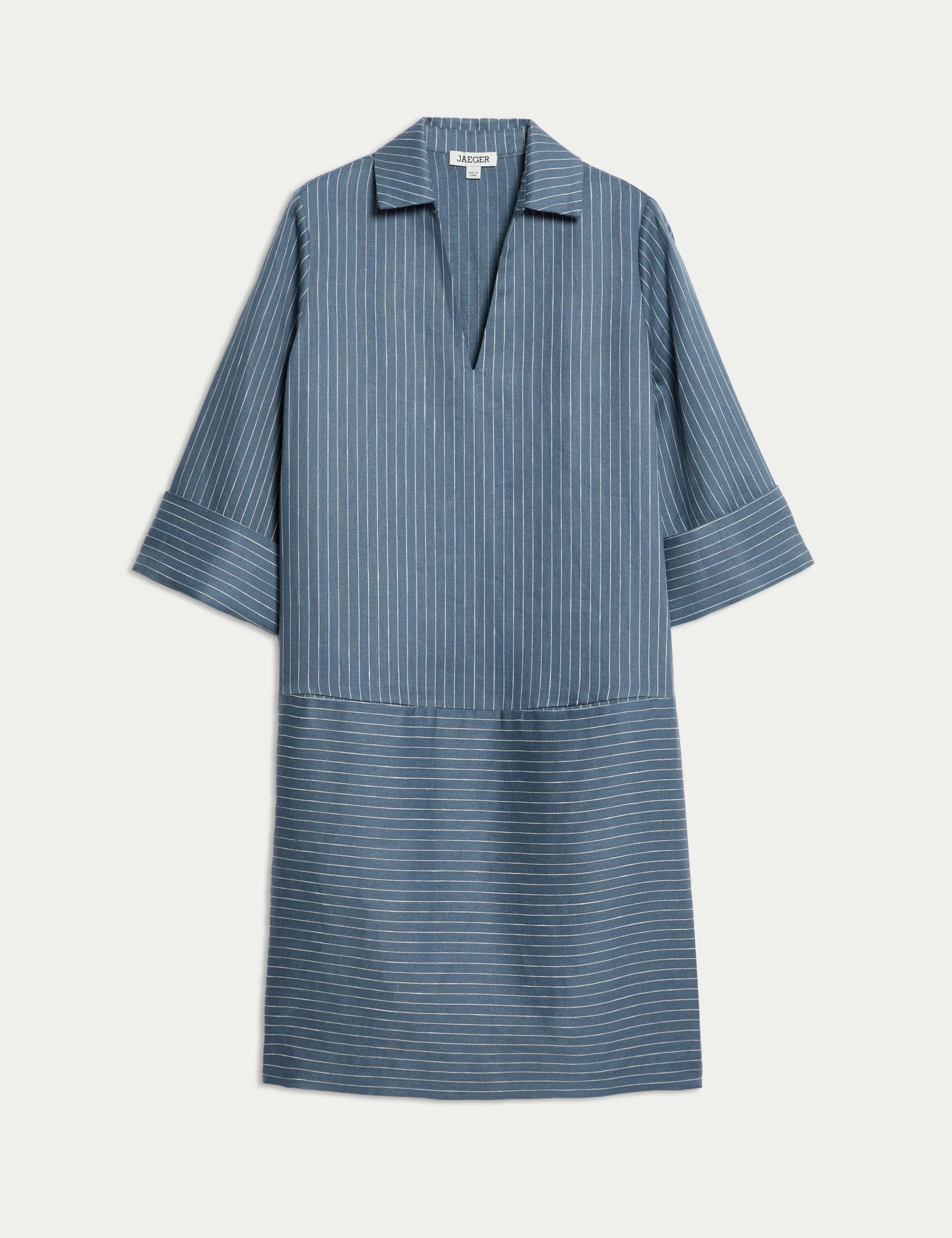Pure Linen Striped Knee Length Shirt Dress 2 of 6