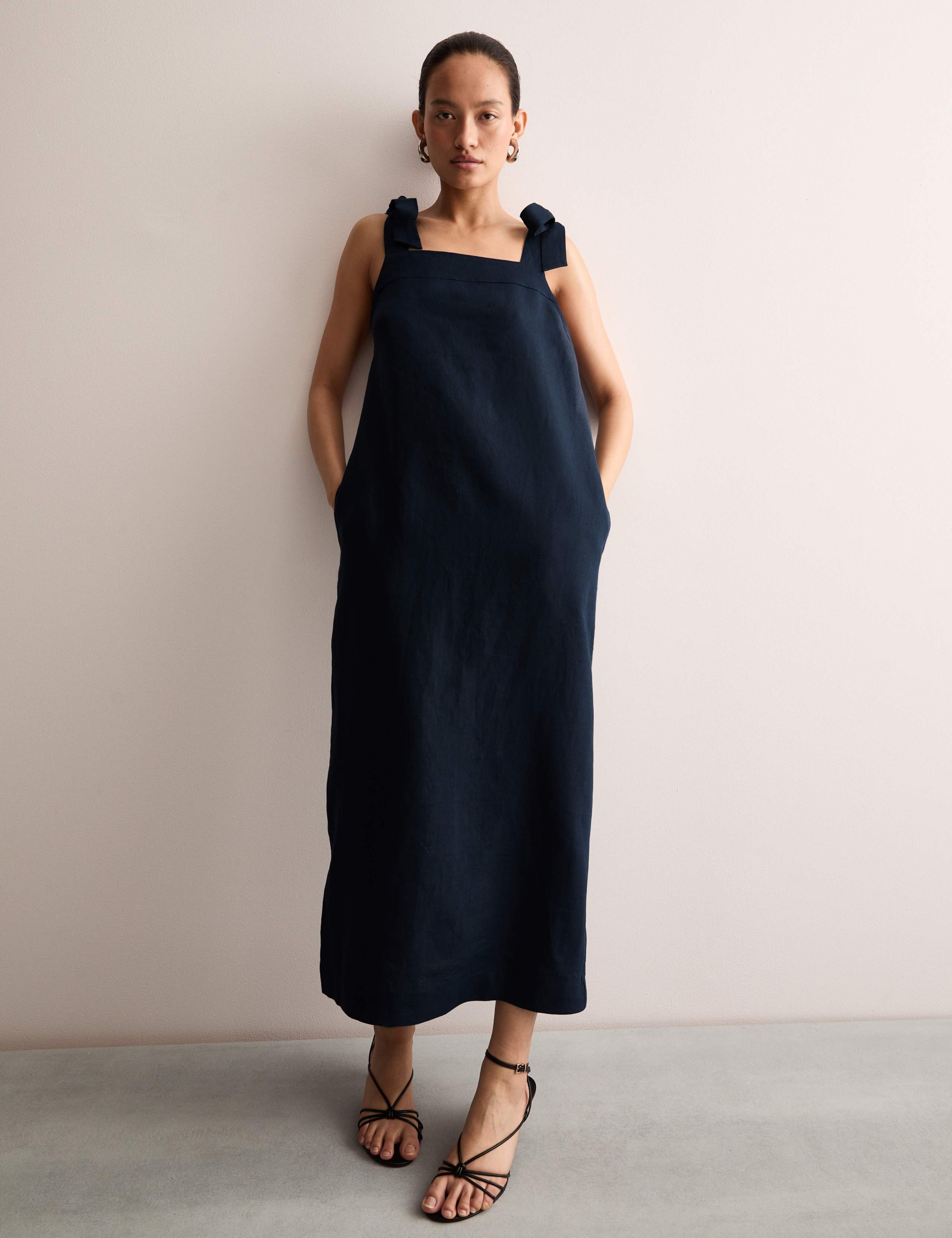 Pure Linen Square Neck Tie Strap Midi Slip Dress 4 of 6