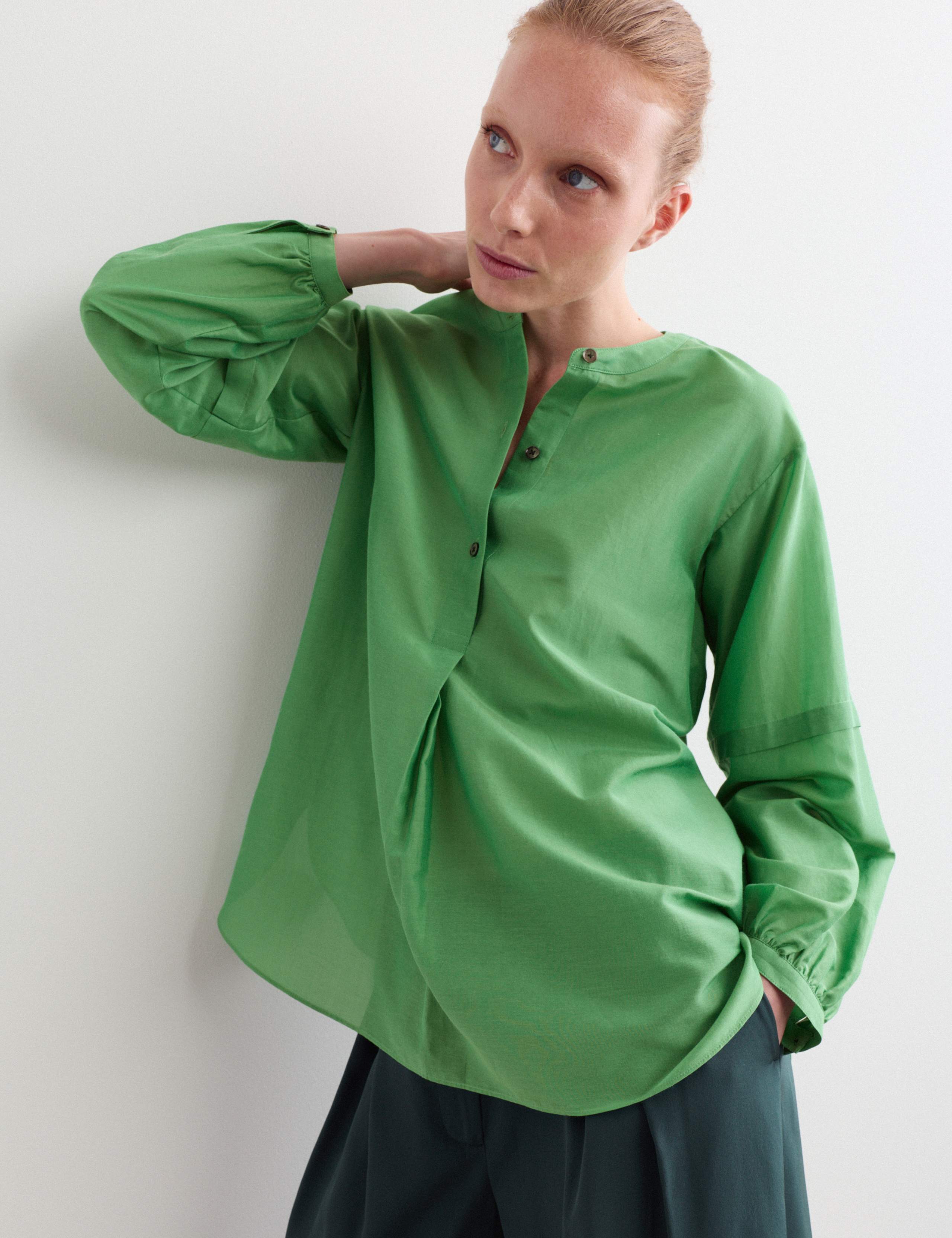 Cotton Silk Blend Collarless Shirt 3 of 7