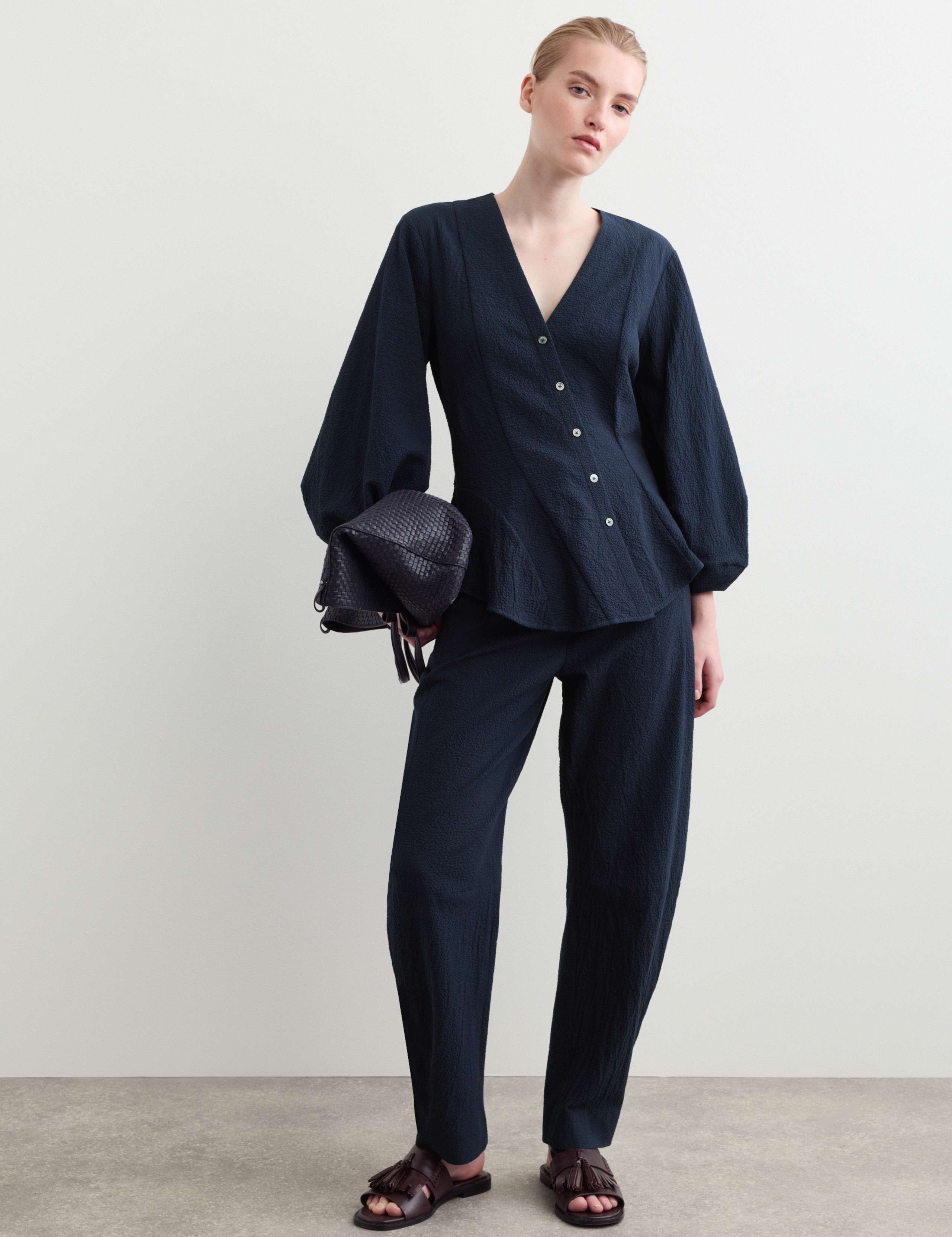 Cotton Rich Textured V-Neck Blouse 1 of 6