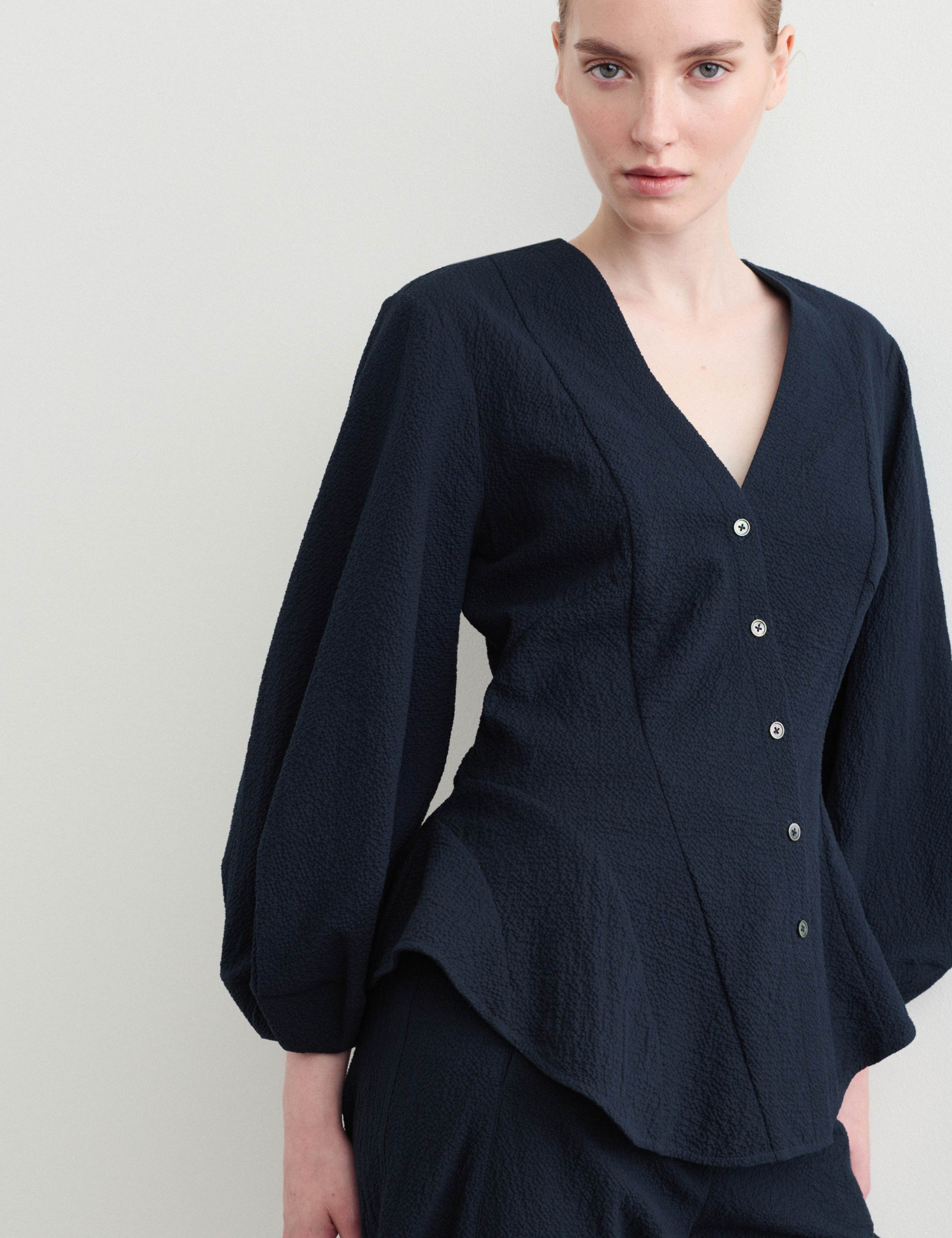 Cotton Rich Textured V-Neck Blouse 3 of 6