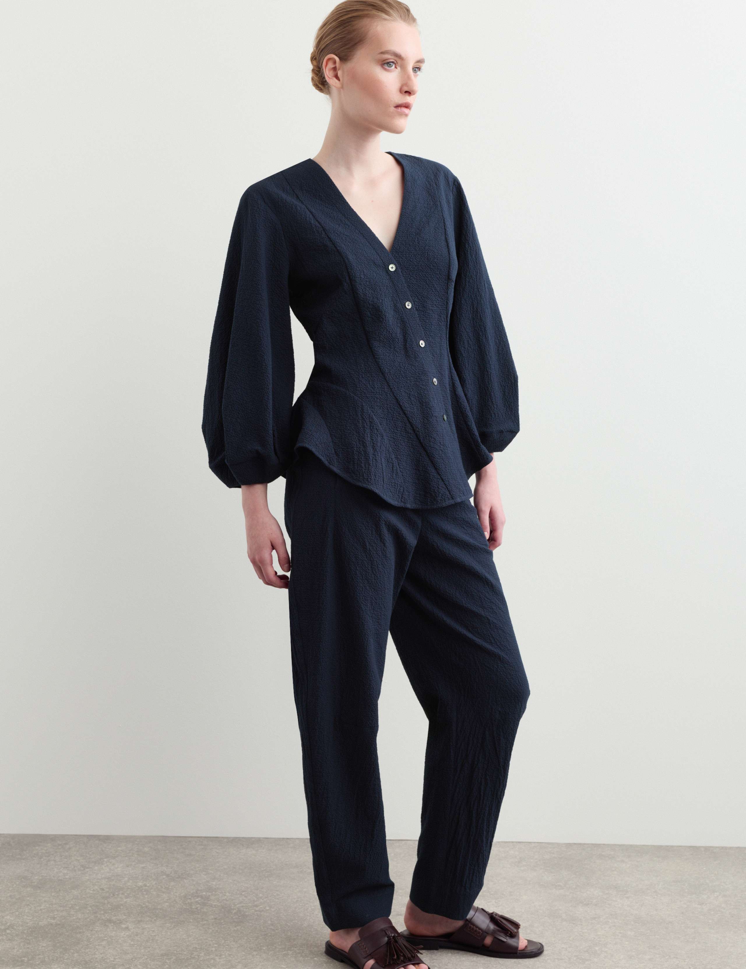 Cotton Rich Textured V-Neck Blouse 5 of 6