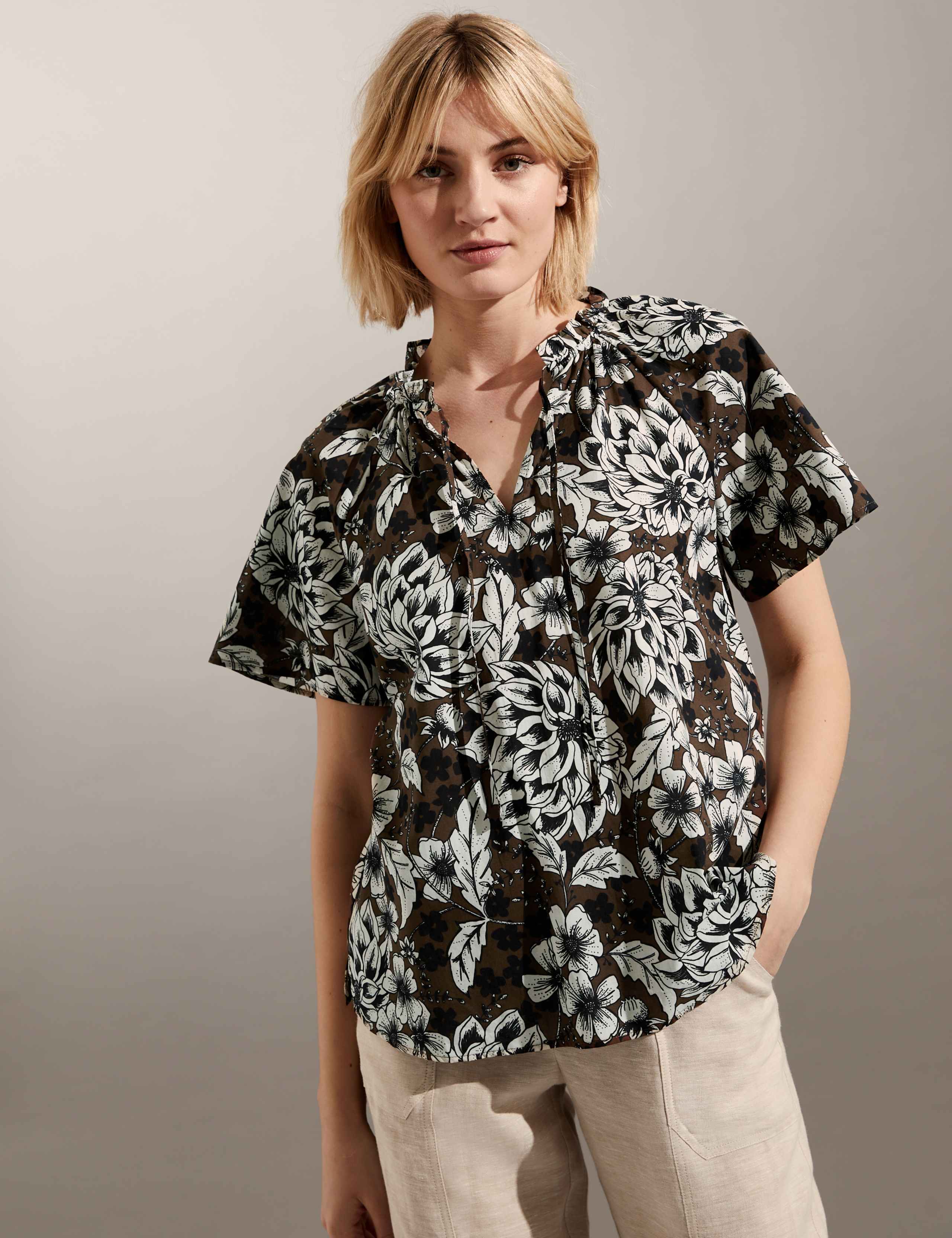 Pure Cotton Floral Tie Neck Blouse 1 of 6