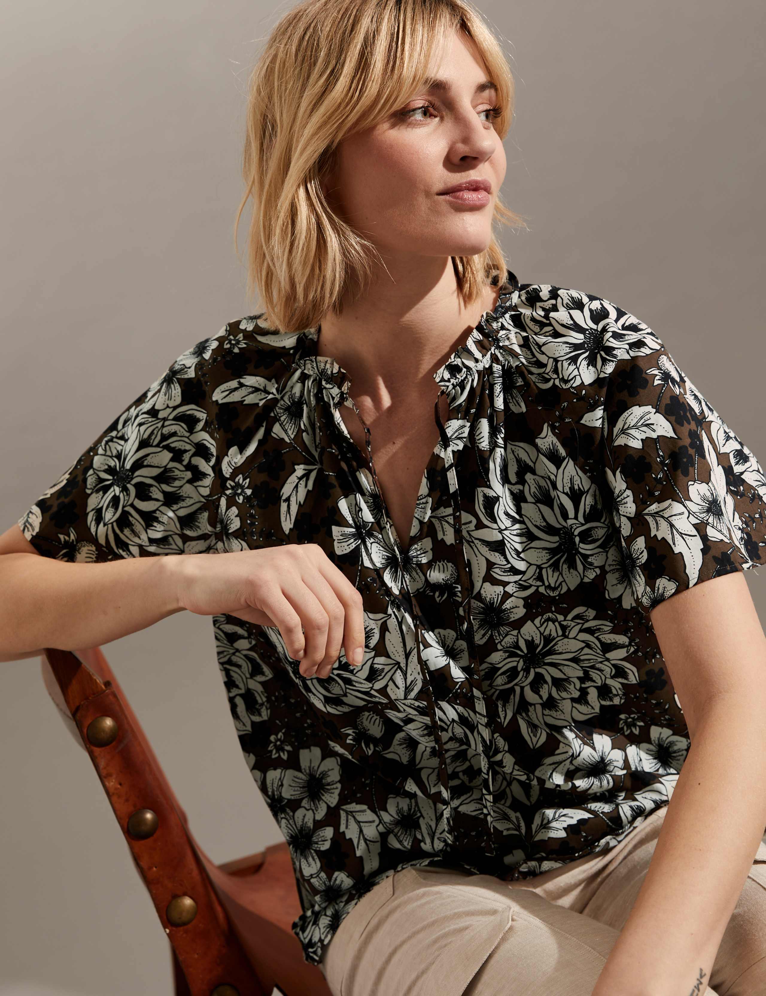 Pure Cotton Floral Tie Neck Blouse 3 of 6