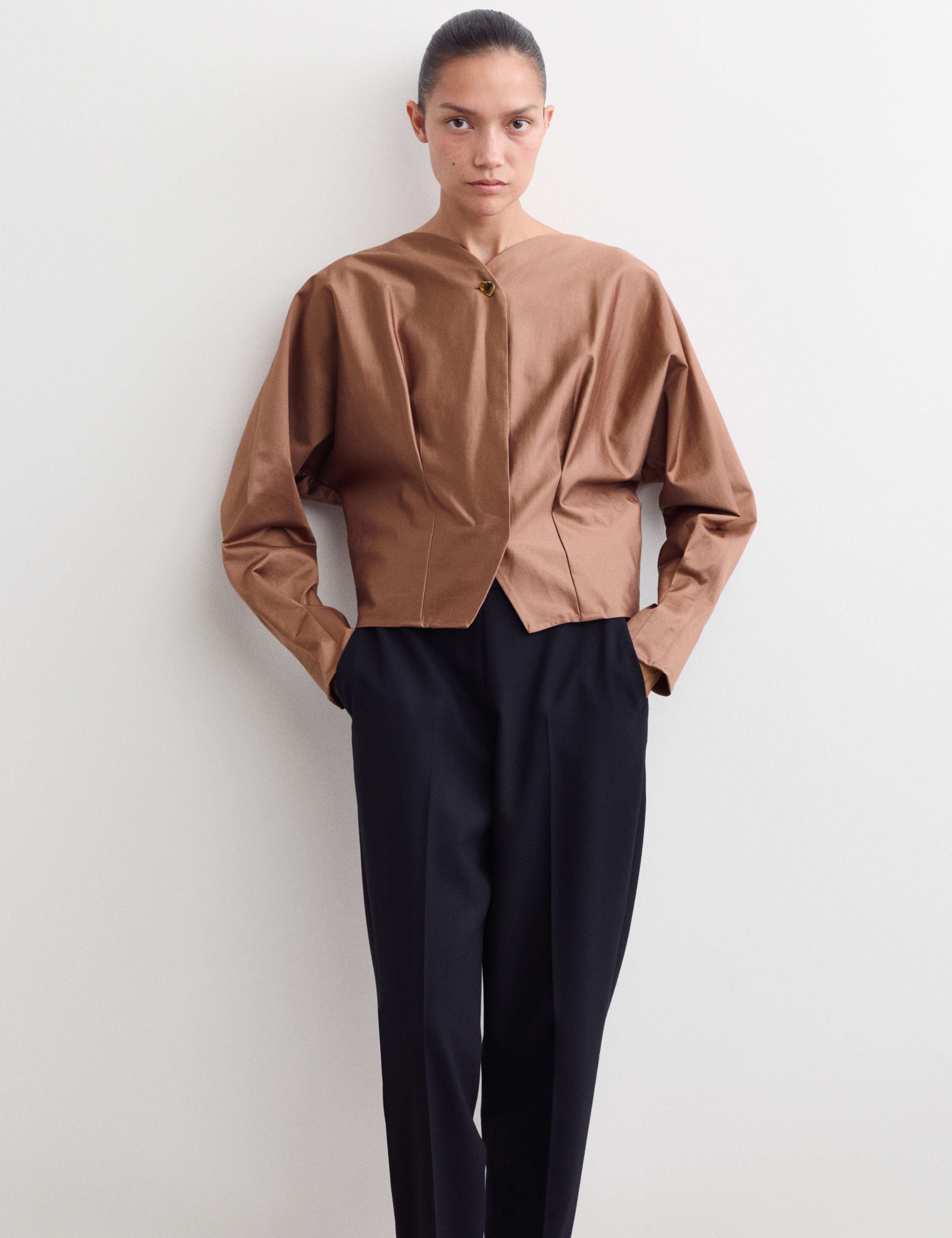 Cotton Rich Pleated Button Through V-Neck Top 1 of 7