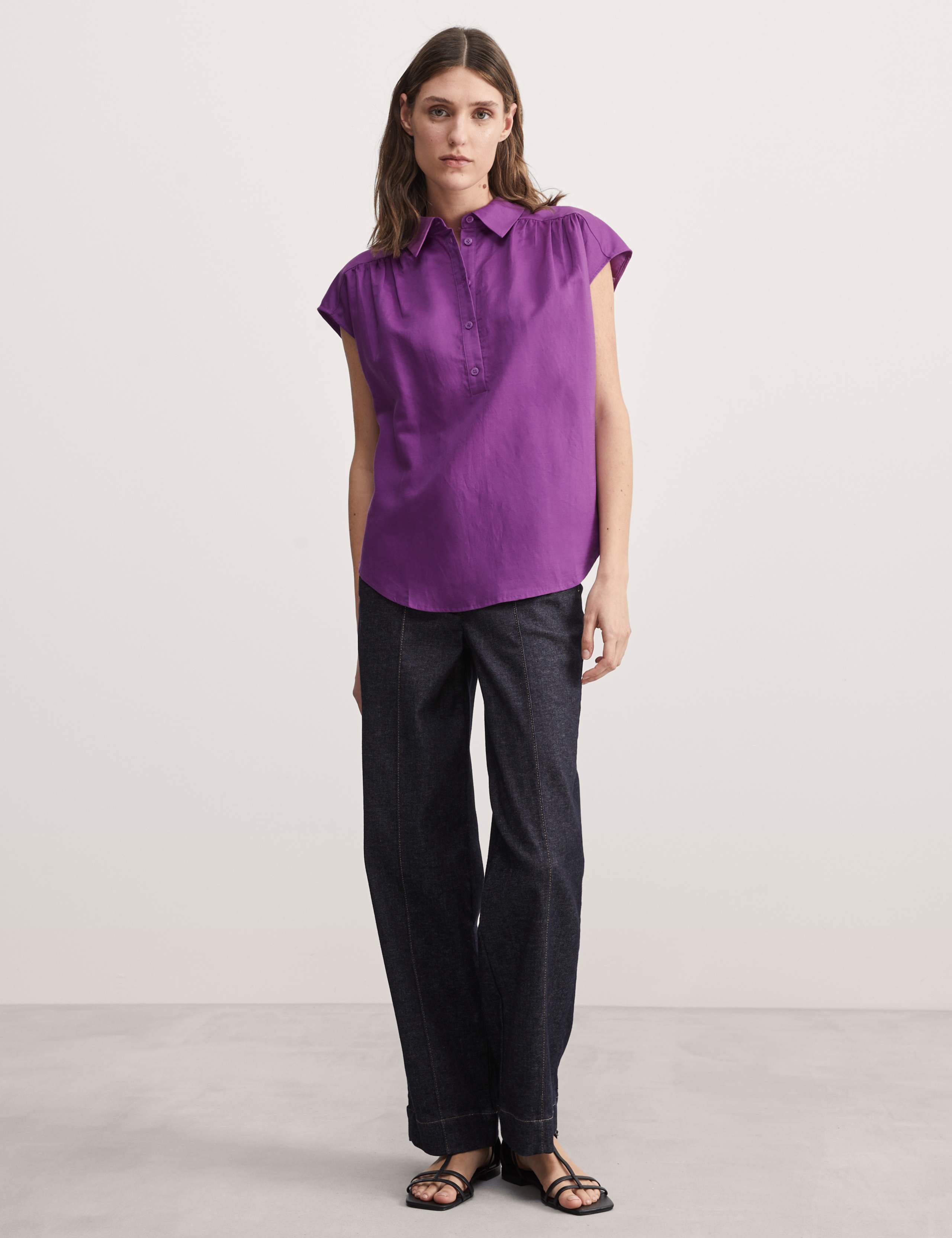 Linen Rich Collared Cap Sleeve Top 1 of 6