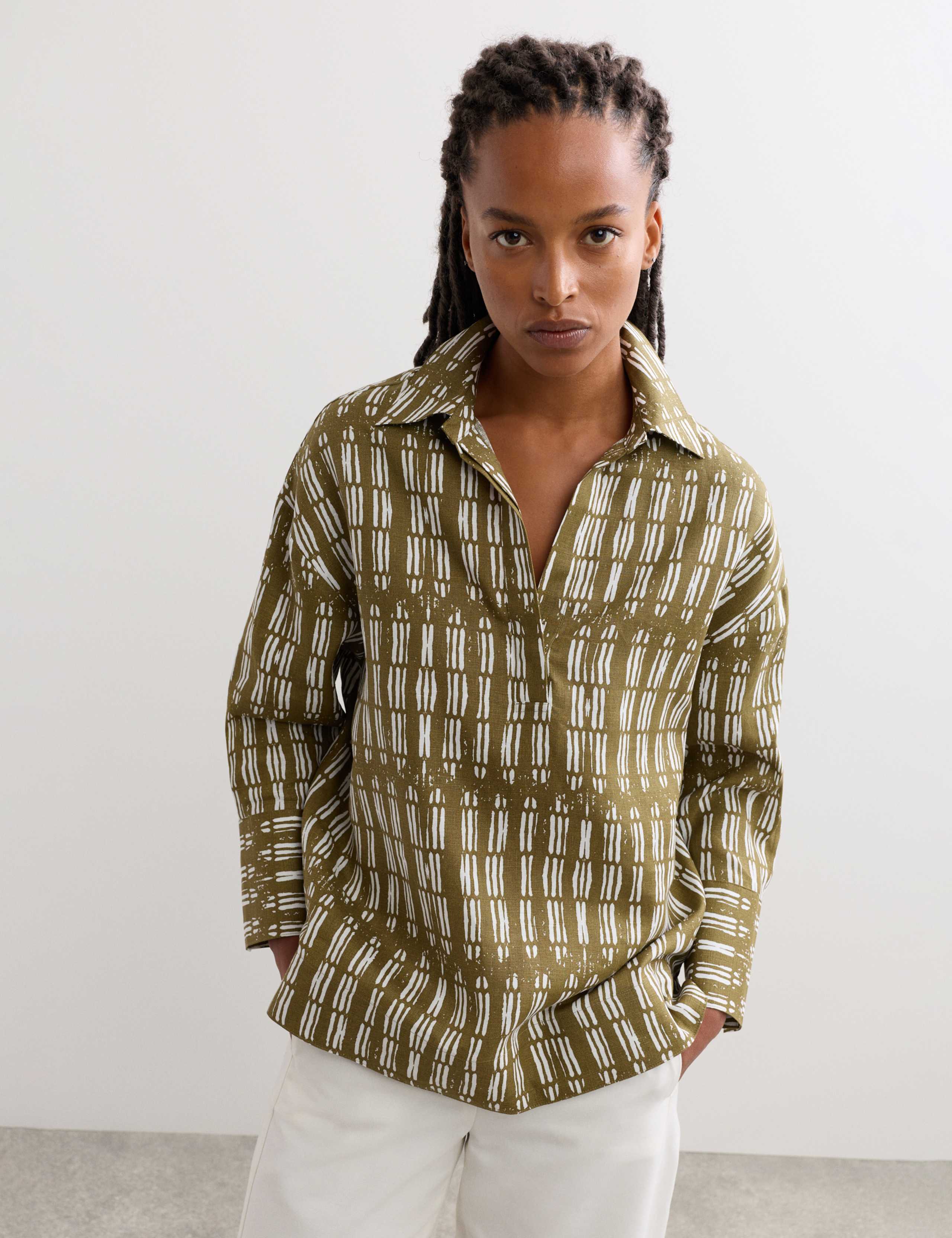 Pure Linen Dash Printed Popover Blouse 3 of 5