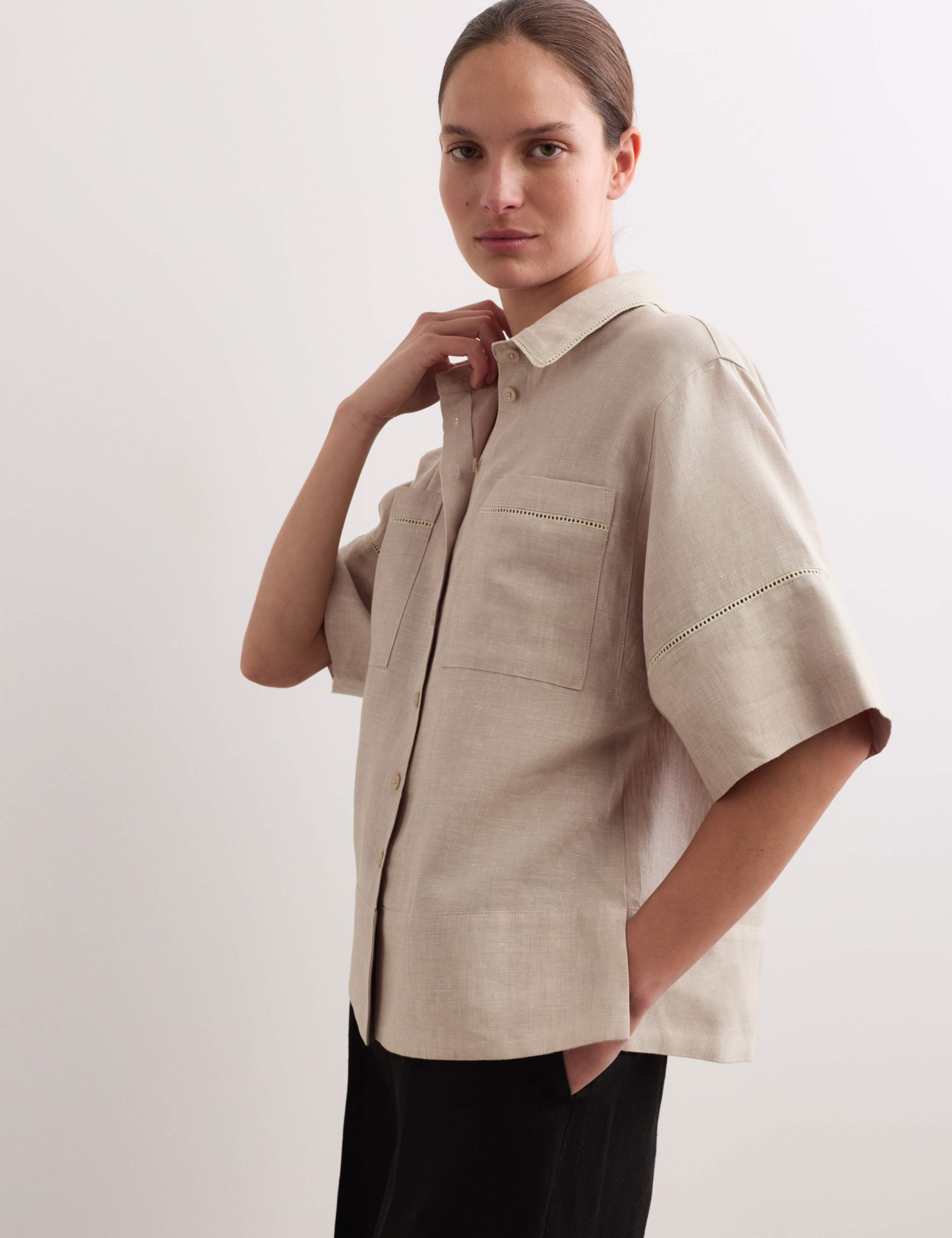 Pure Linen Collared Stitch Detail Shirt 6 of 7