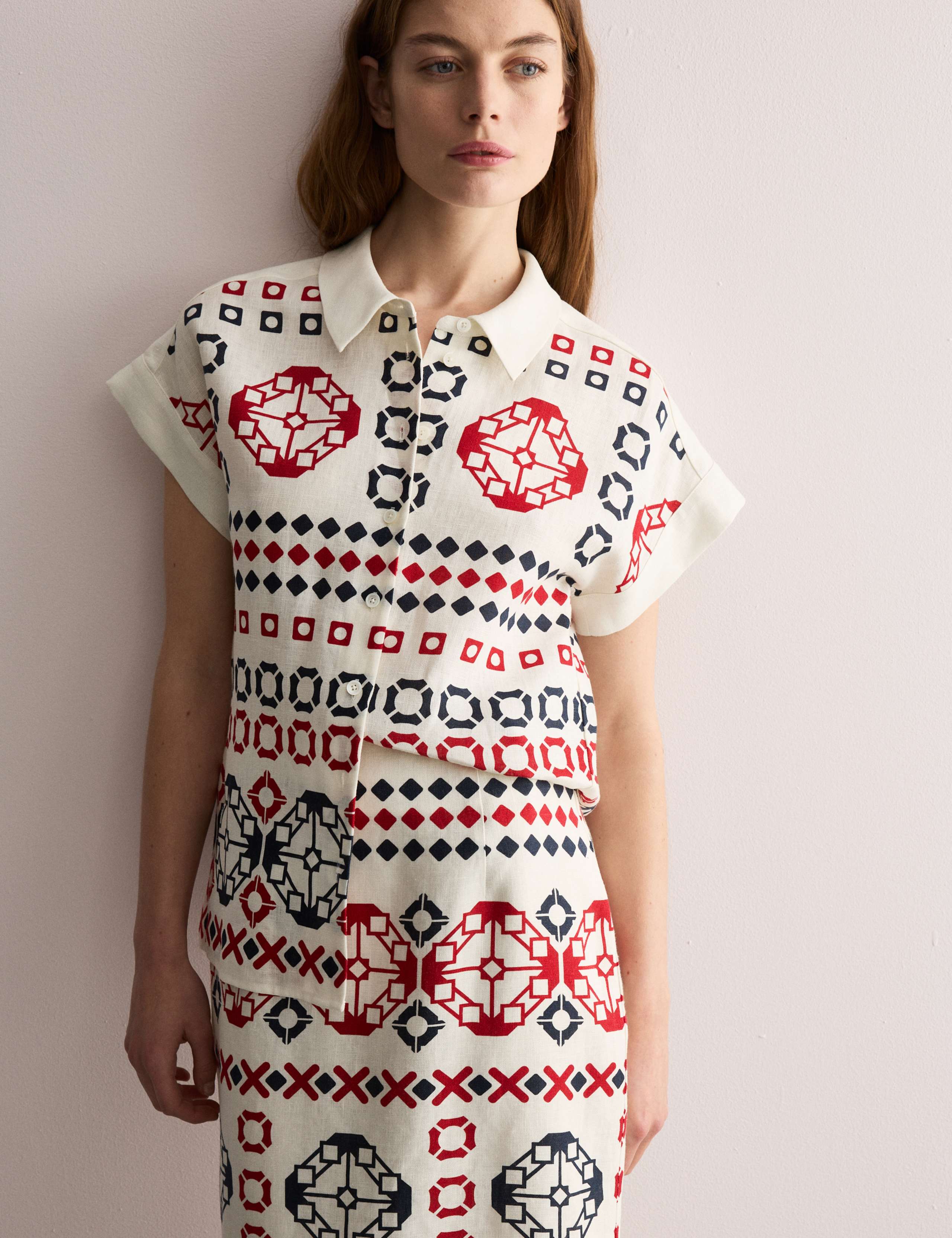 Pure Linen Printed Collared Cap Sleeve Top 5 of 8