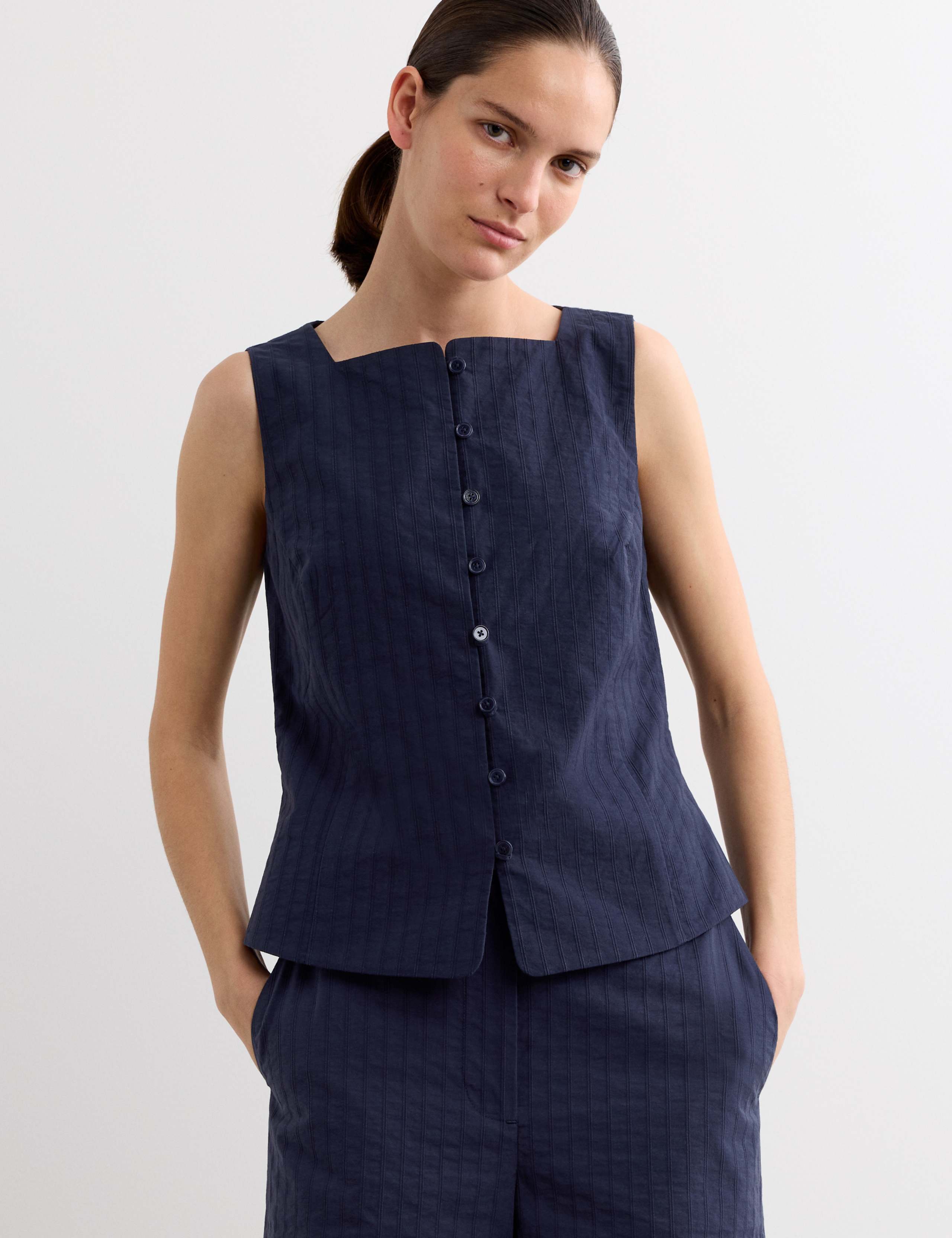 Pure Cotton Dobby Stripe Square Neck Waistcoat 1 of 7