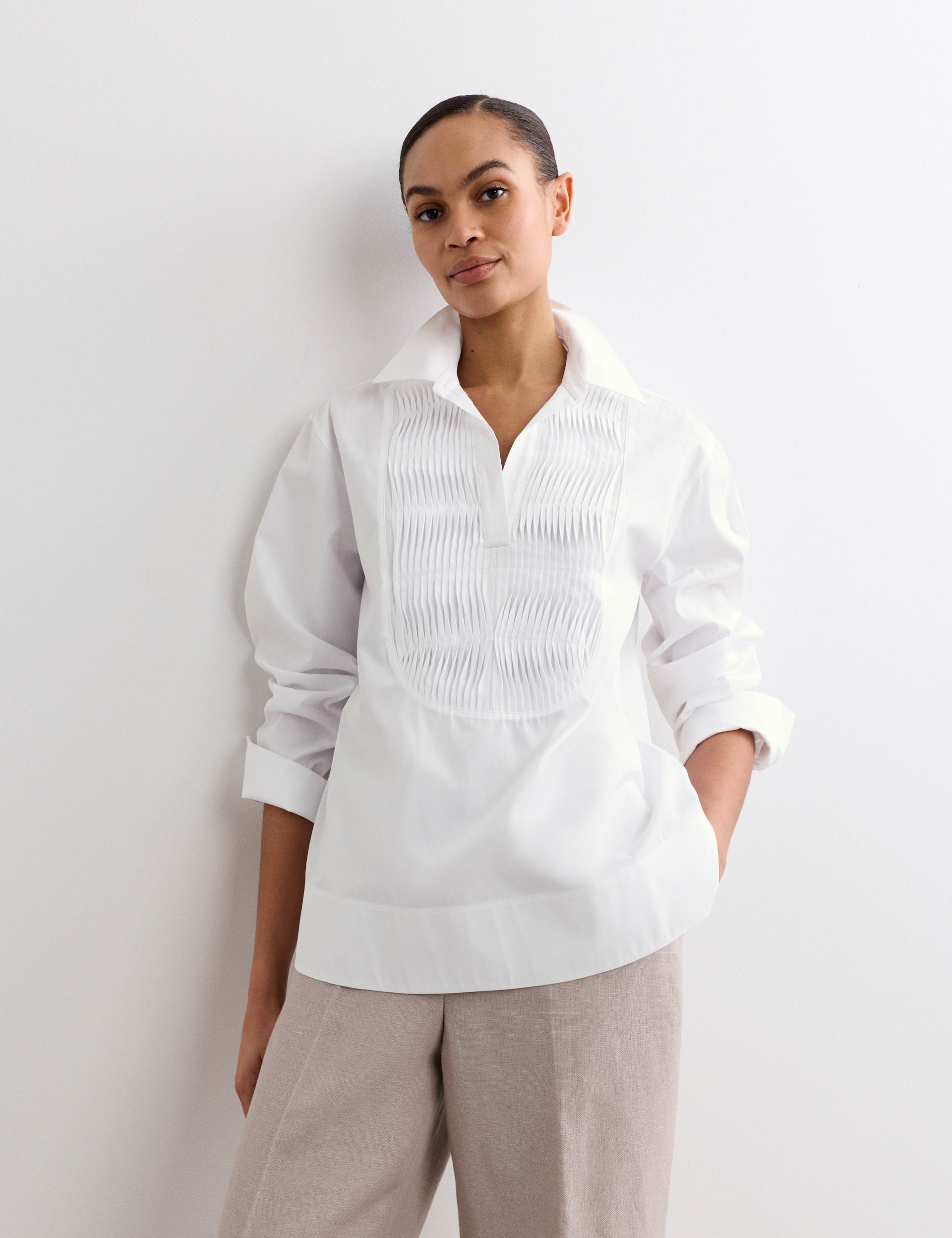 Pure Cotton Collared Relaxed Bib Detail Shirt 1 of 7