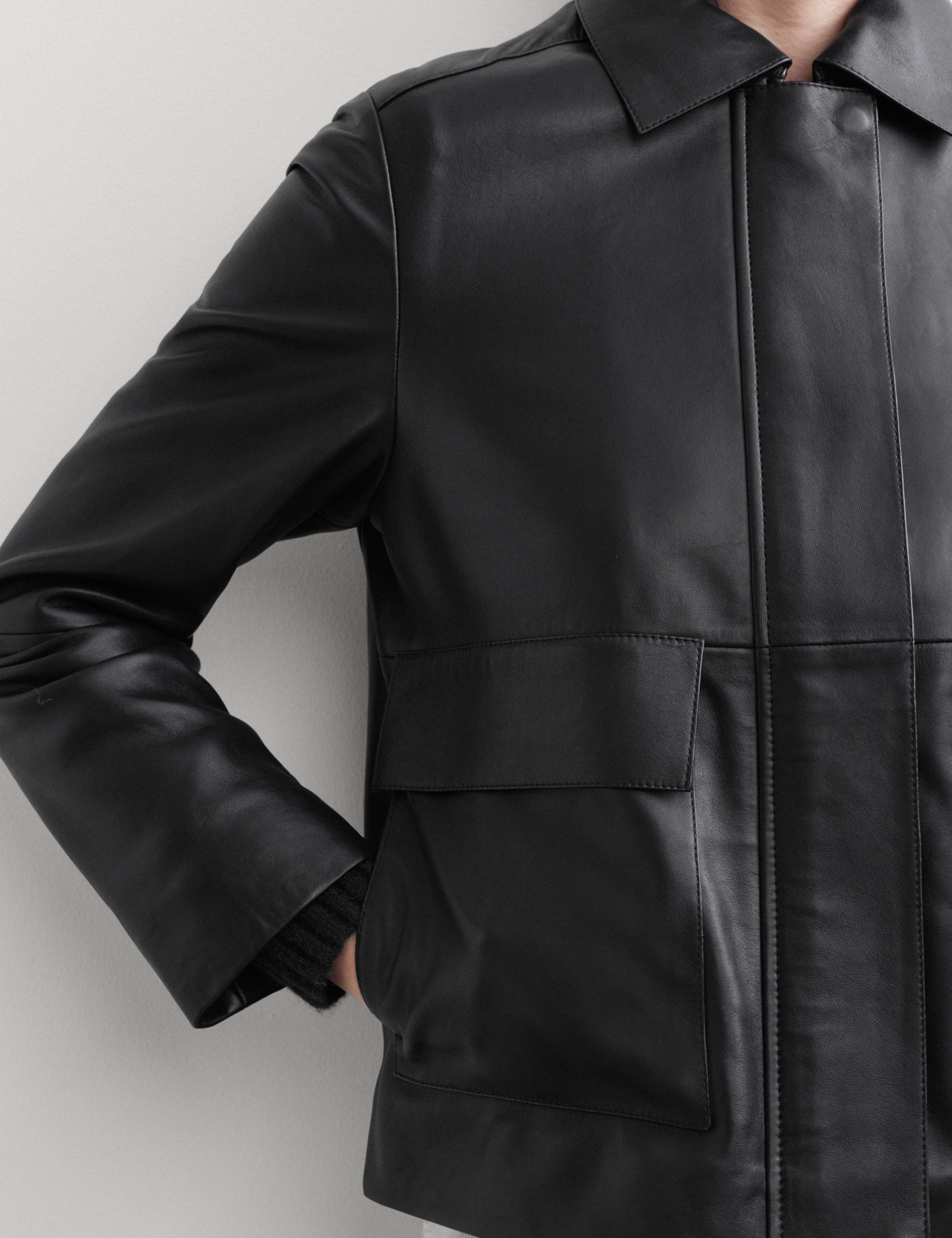 Pure Leather Collared Short Jacket 4 of 8