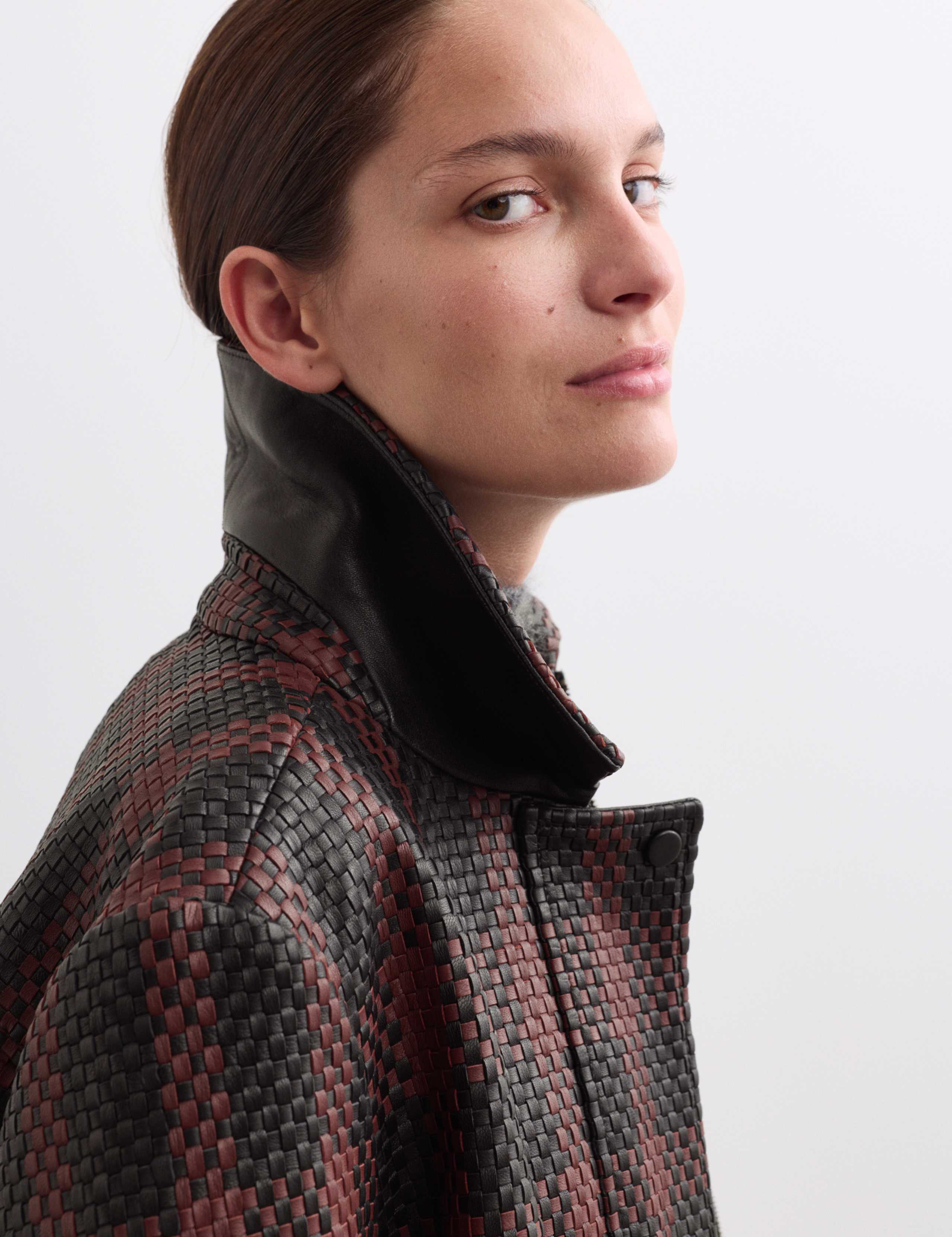 Leather Woven Checked Collared Jacket 1 of 7