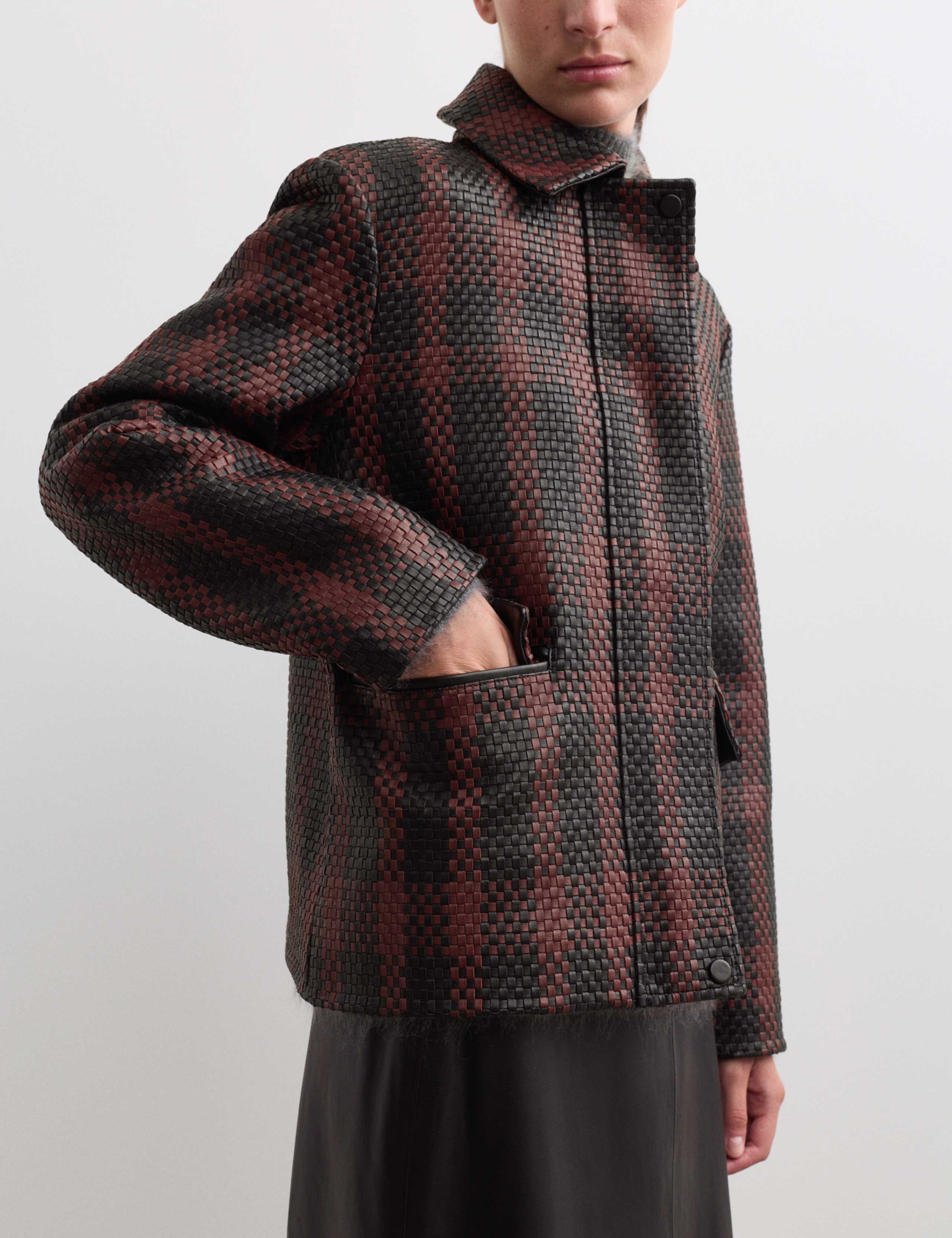 Leather Woven Checked Collared Jacket 3 of 7