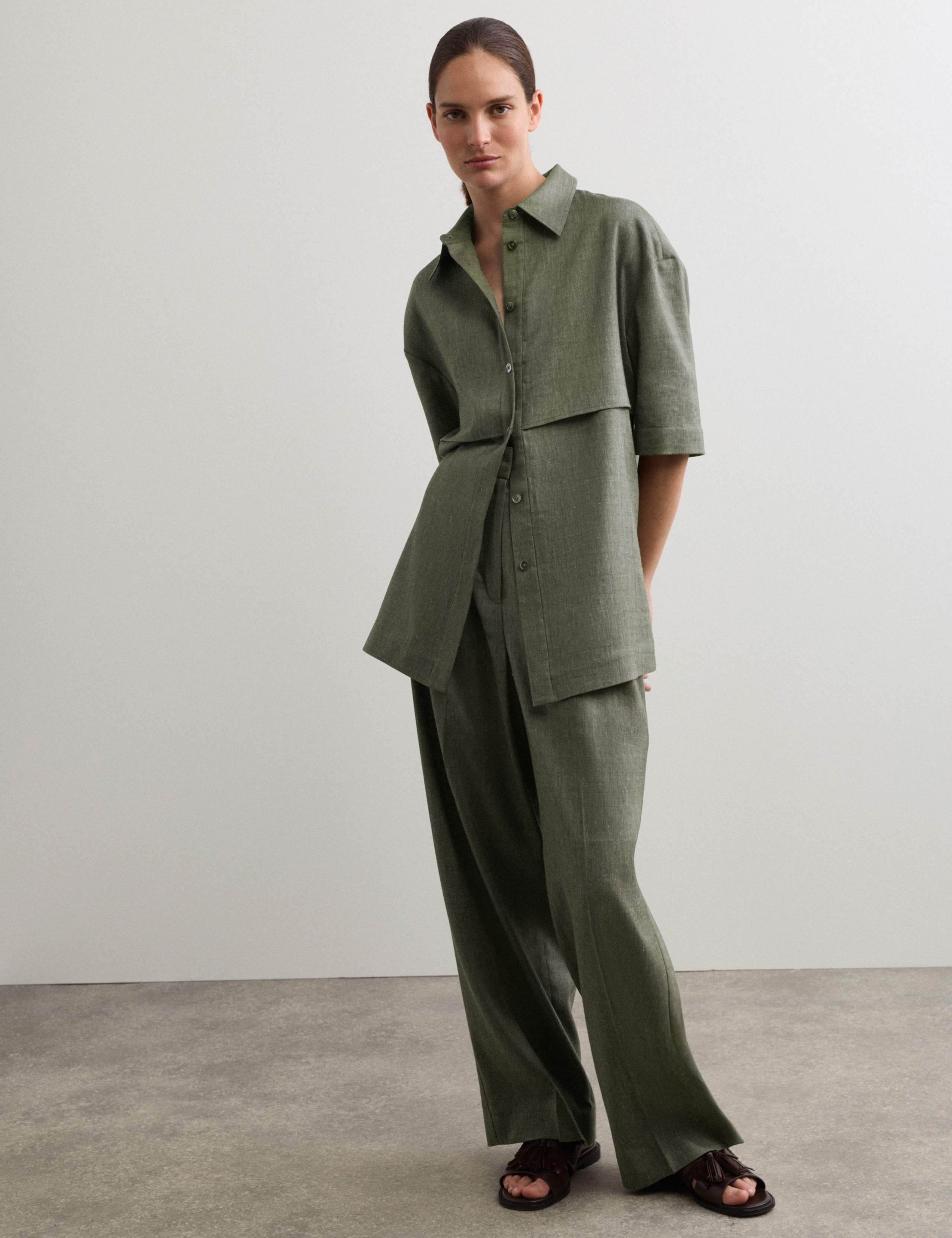 Linen Blend Relaxed Utility Shirt with Wool 1 of 7