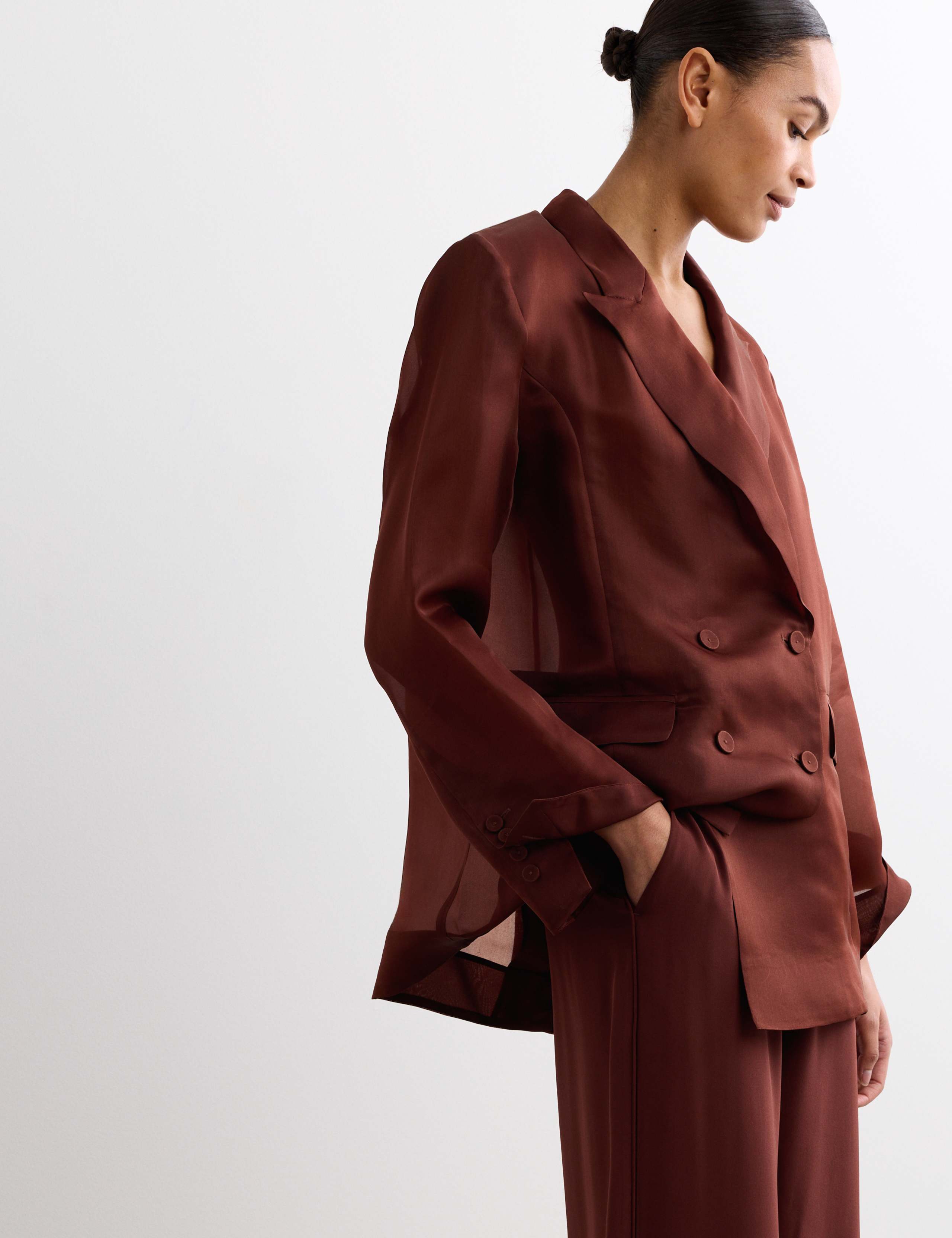 Pure Silk Organza Double Breasted Longline Blazer 6 of 8