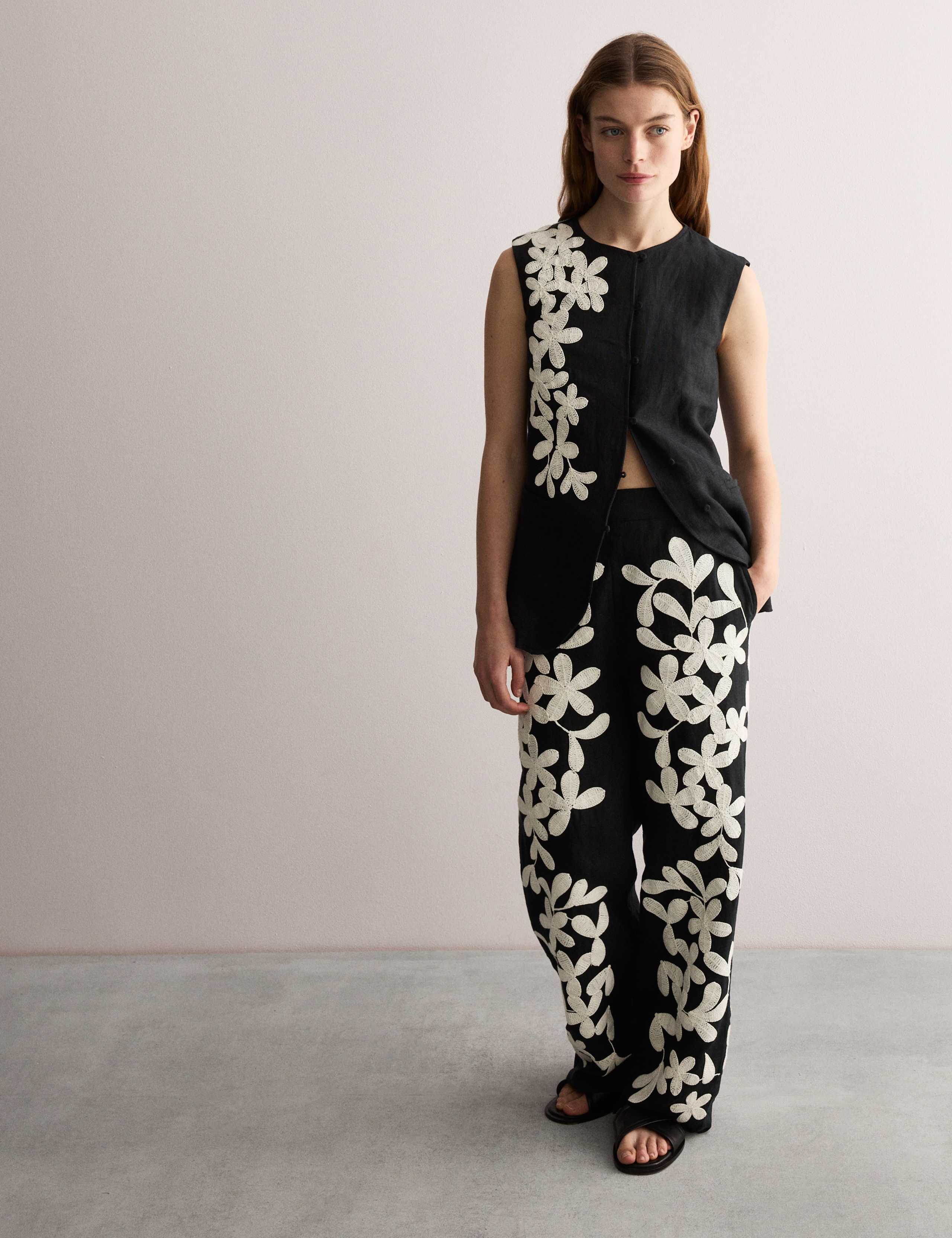 Pure Linen Floral Embroidered Waistcoat 5 of 7