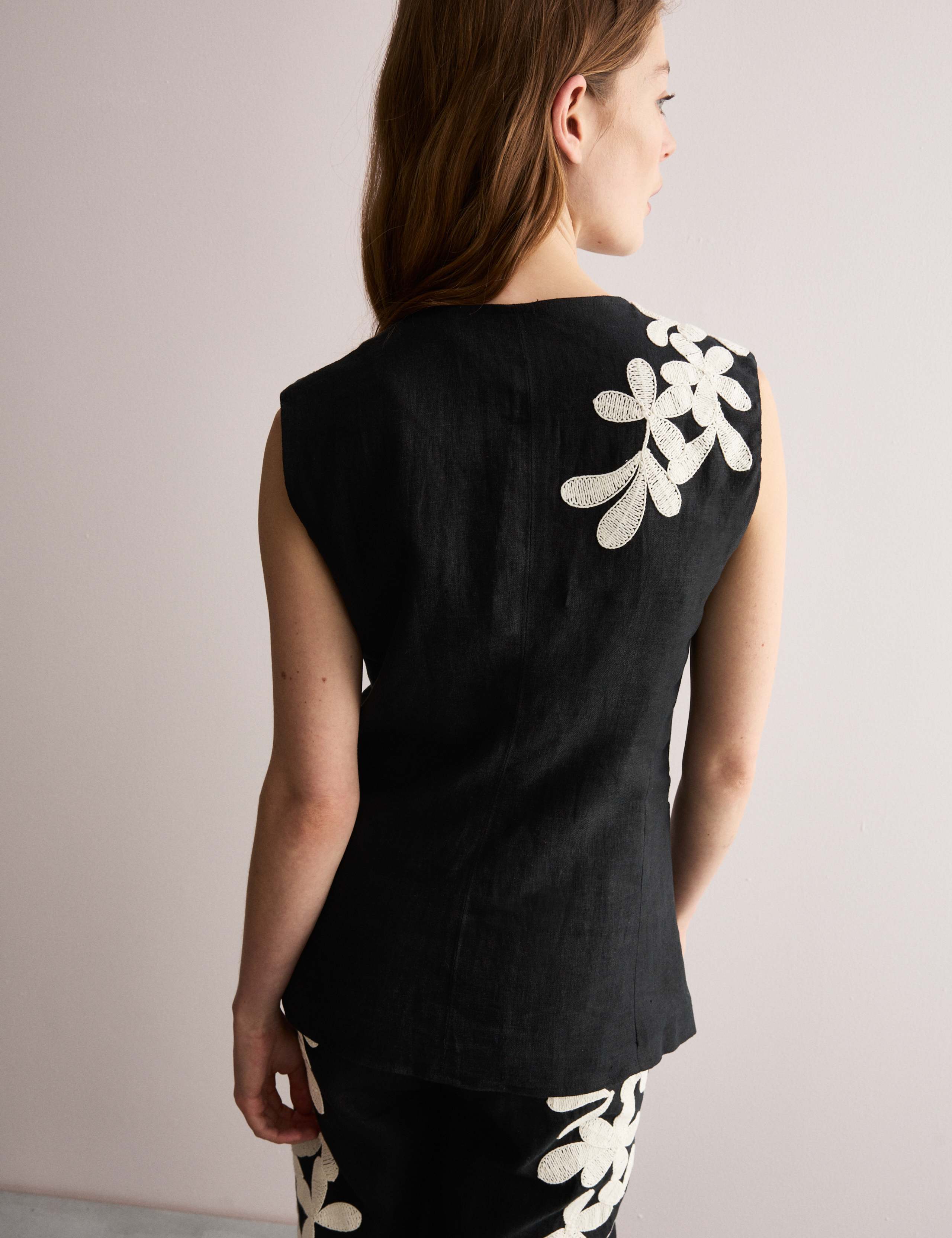 Pure Linen Floral Embroidered Waistcoat 6 of 7
