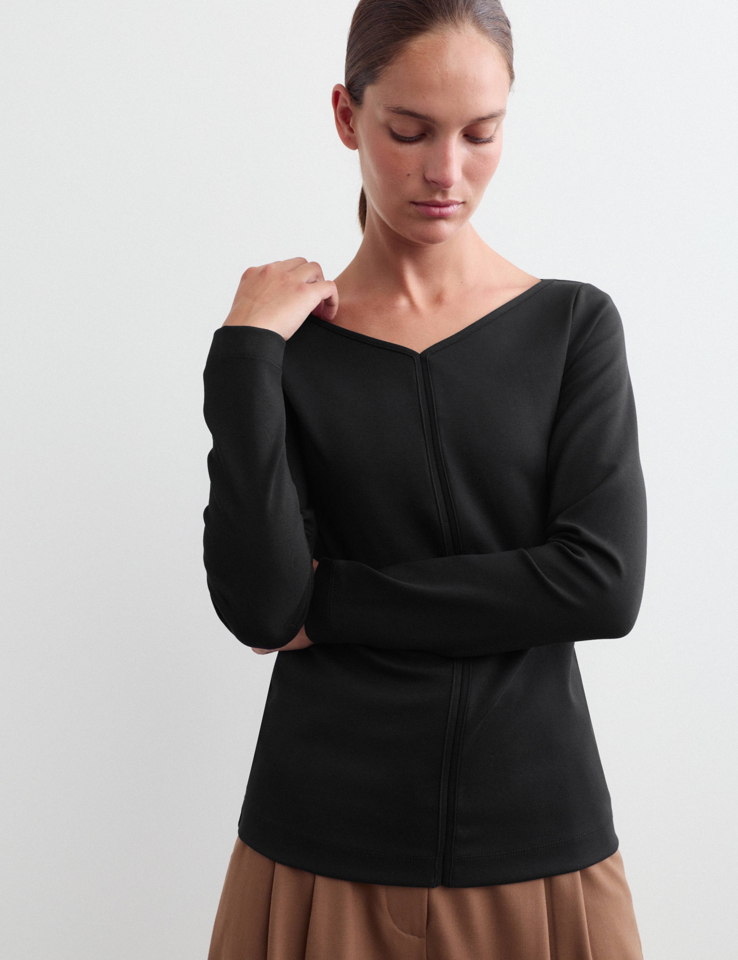 Cotton Modal Blend V-Neck Stitch Detail Top 1 of 6