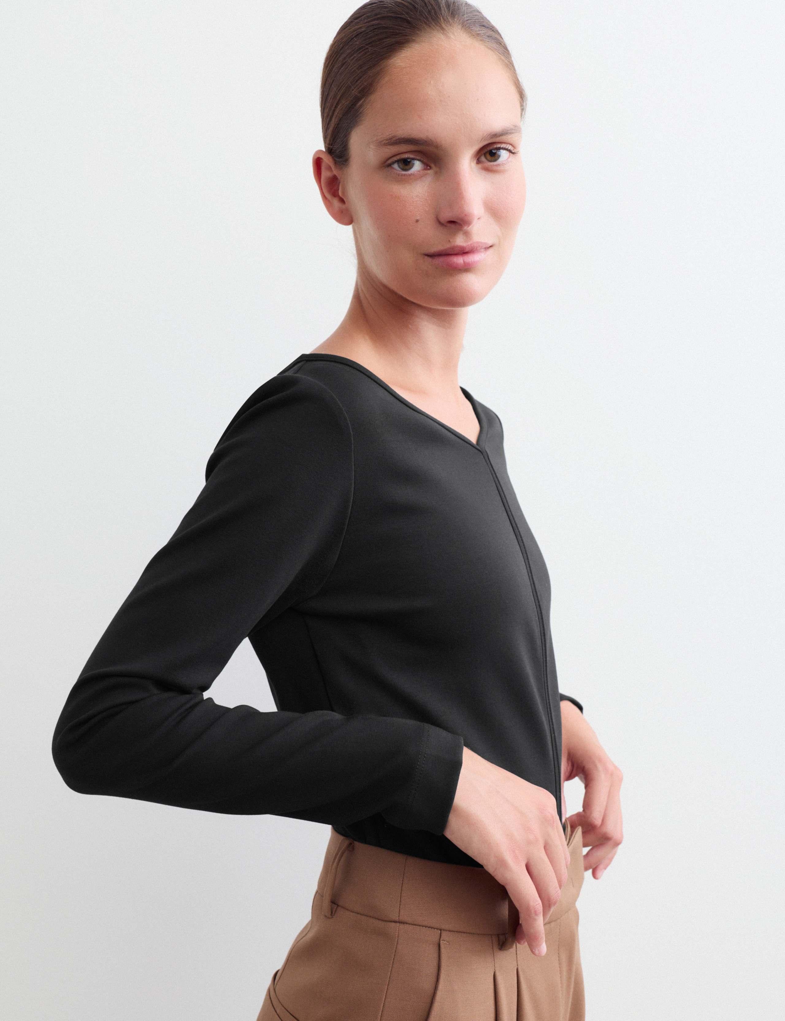 Cotton Modal Blend V-Neck Stitch Detail Top 6 of 6