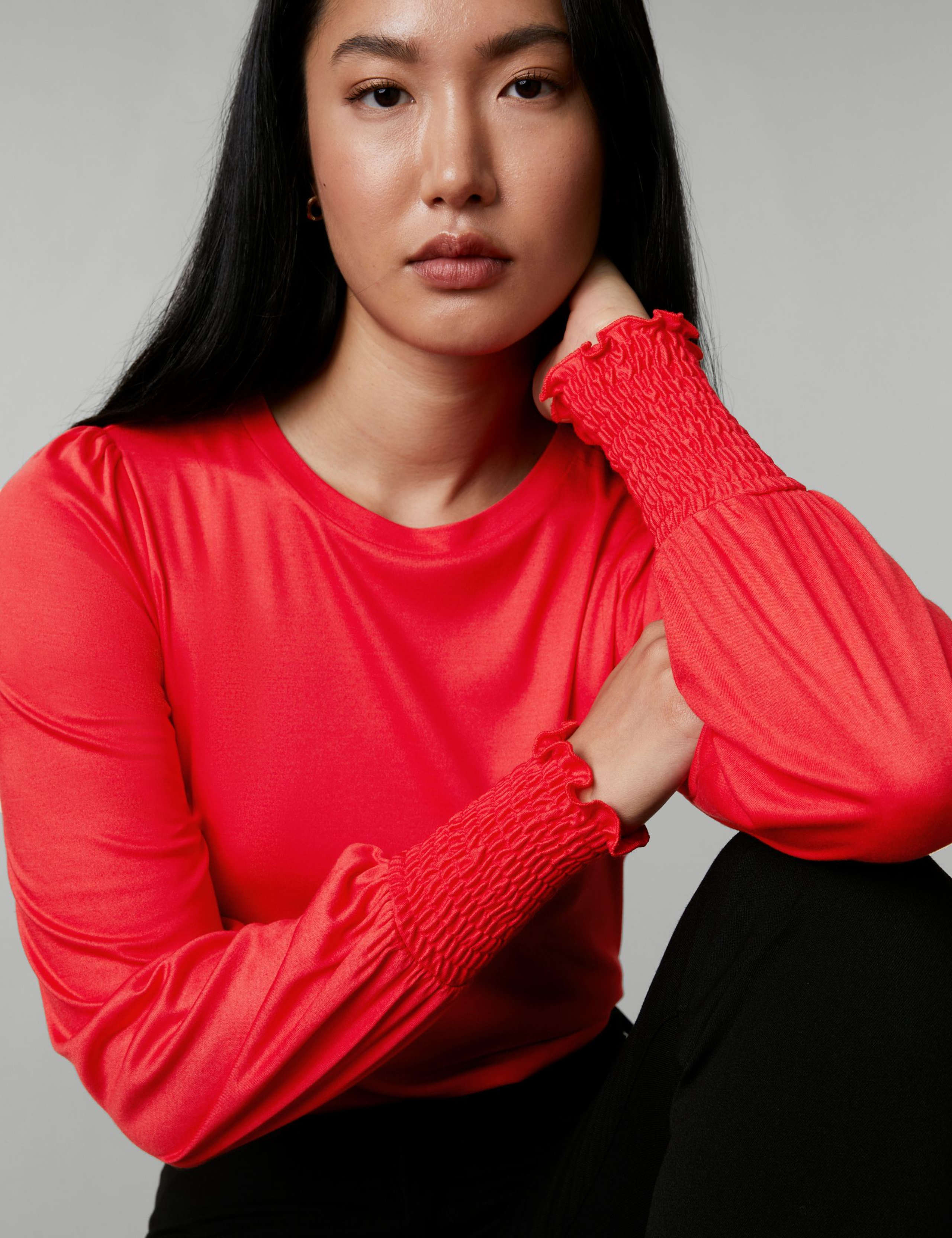 Jersey Shirred Blouson Sleeve Top 1 of 6