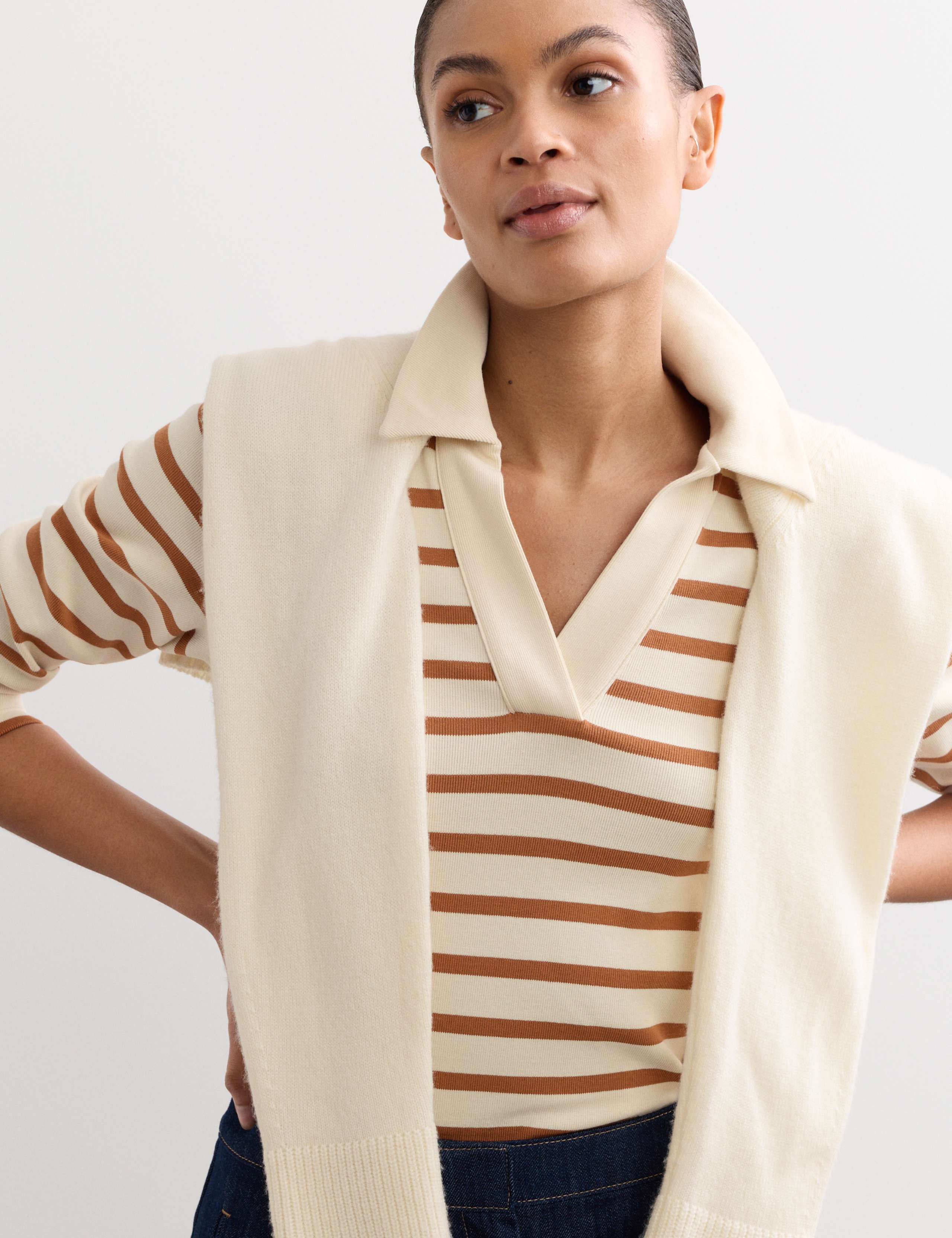 Pure Cotton V-Neck Striped Top 1 of 6