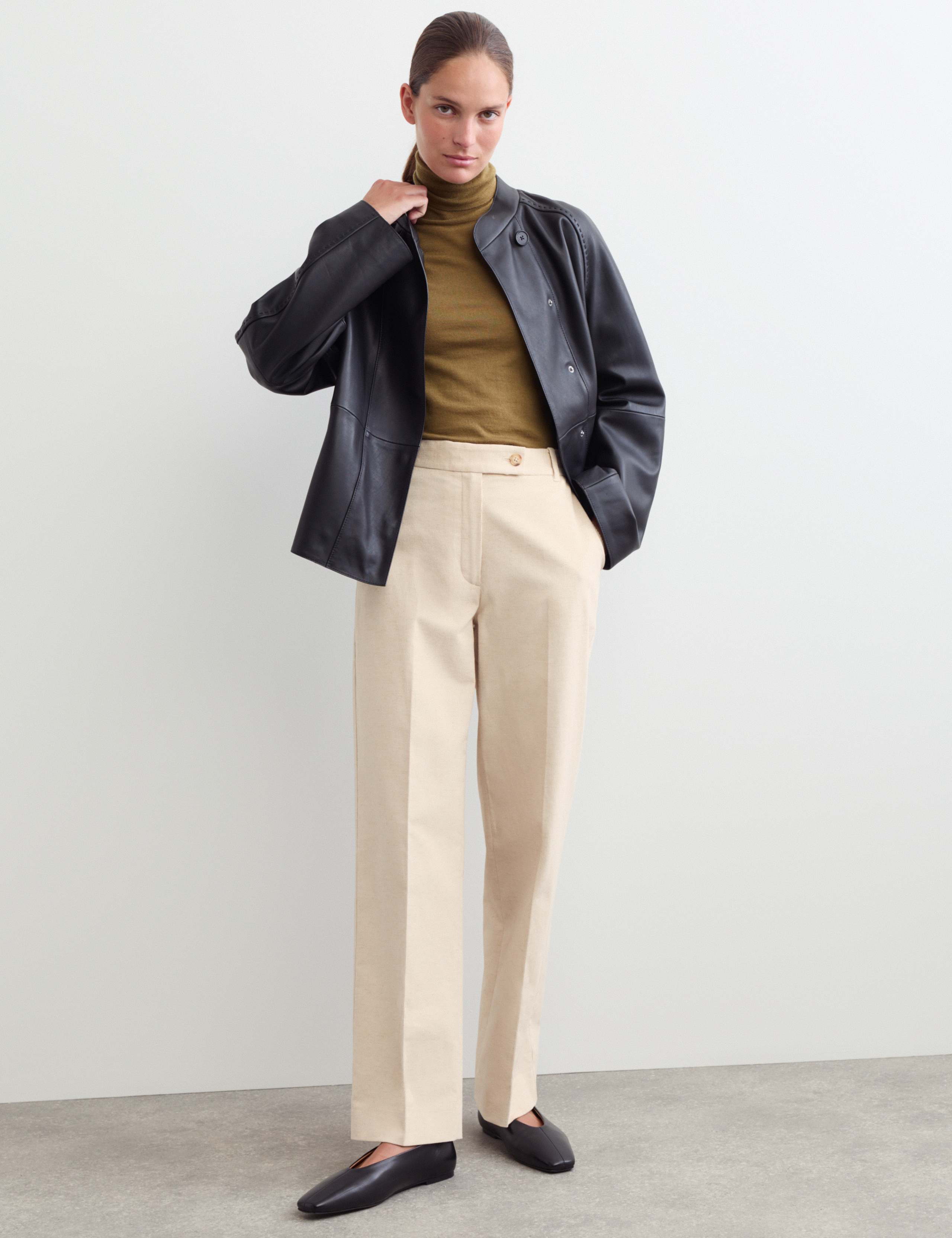 Cotton With Linen Cord Straight Leg Trousers 1 of 6