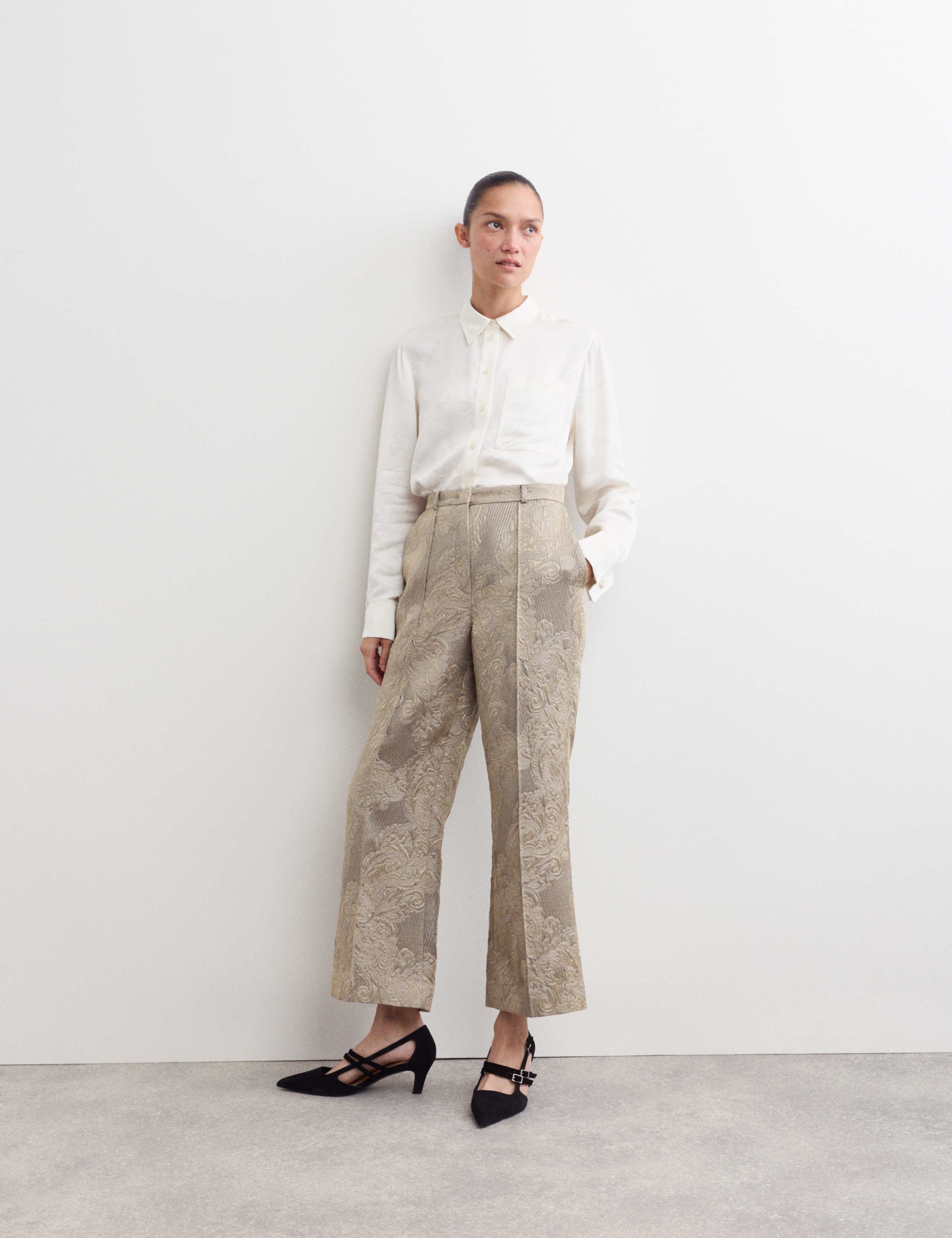 Cotton Blend Metallic Jacquard Kickflare Trousers 3 of 7