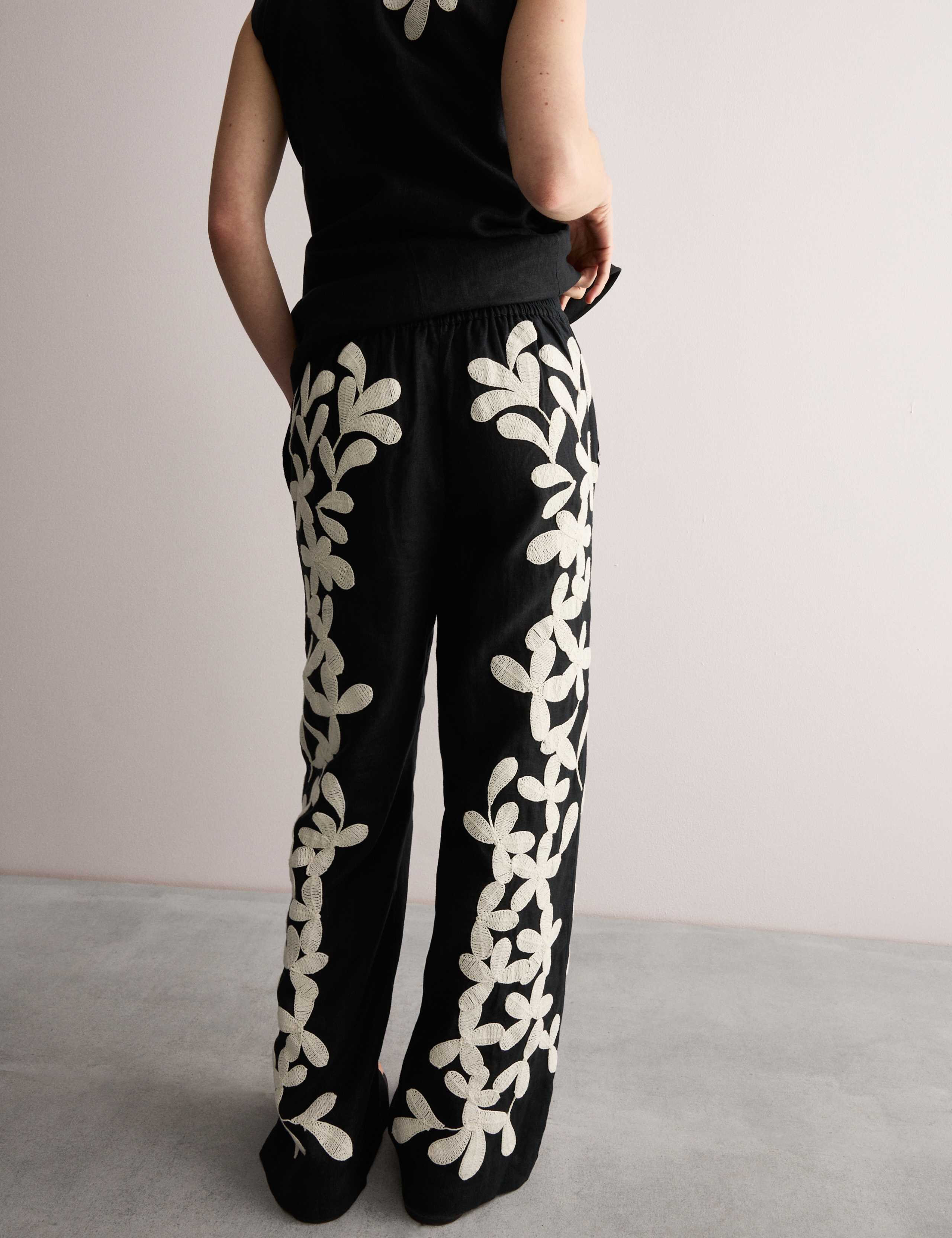 Pure Linen Embroidered Wide Leg Trousers 3 of 7