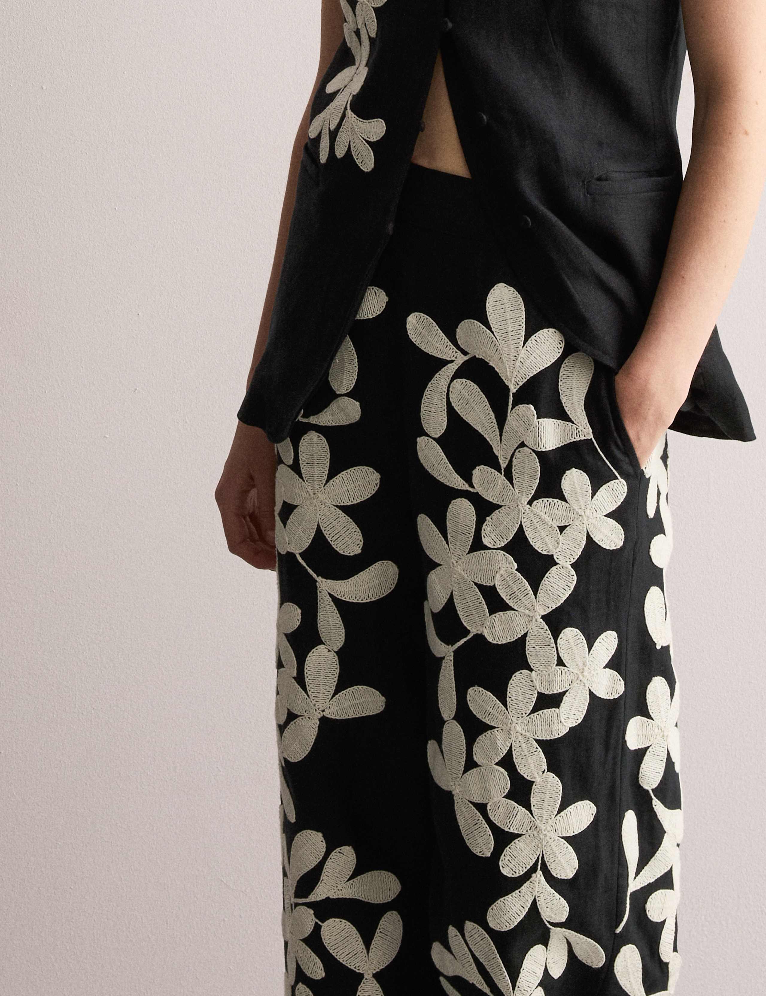 Pure Linen Embroidered Wide Leg Trousers 7 of 7
