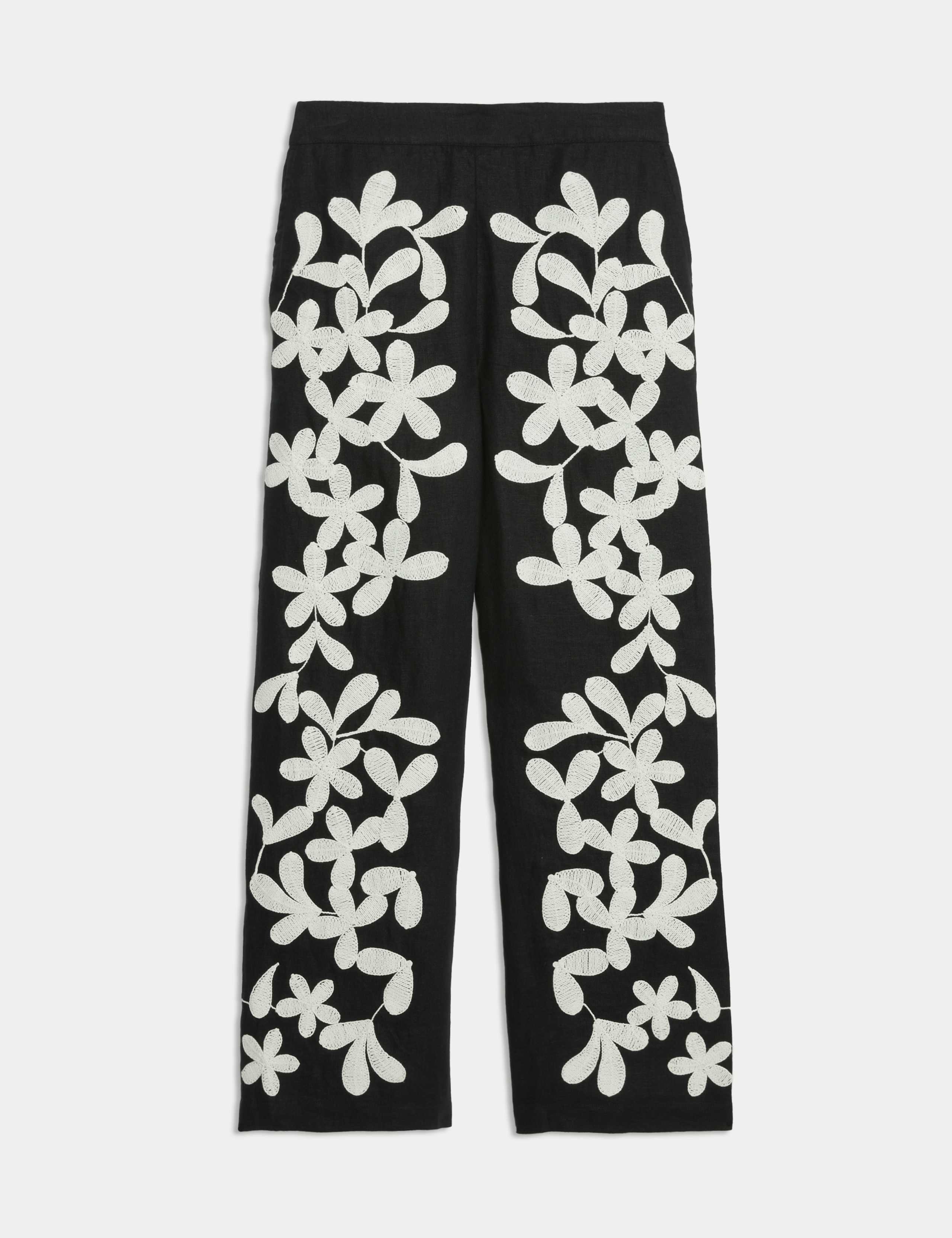 Pure Linen Embroidered Wide Leg Trousers 2 of 7