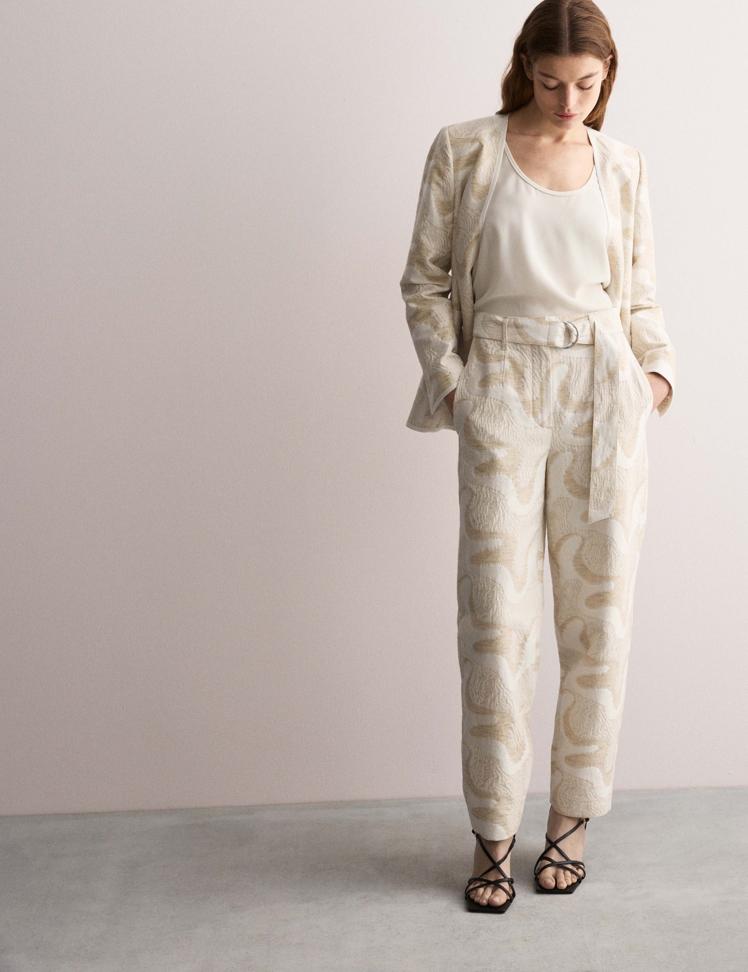 Cotton Rich Jacquard Belted Tapered Trousers 1 of 8