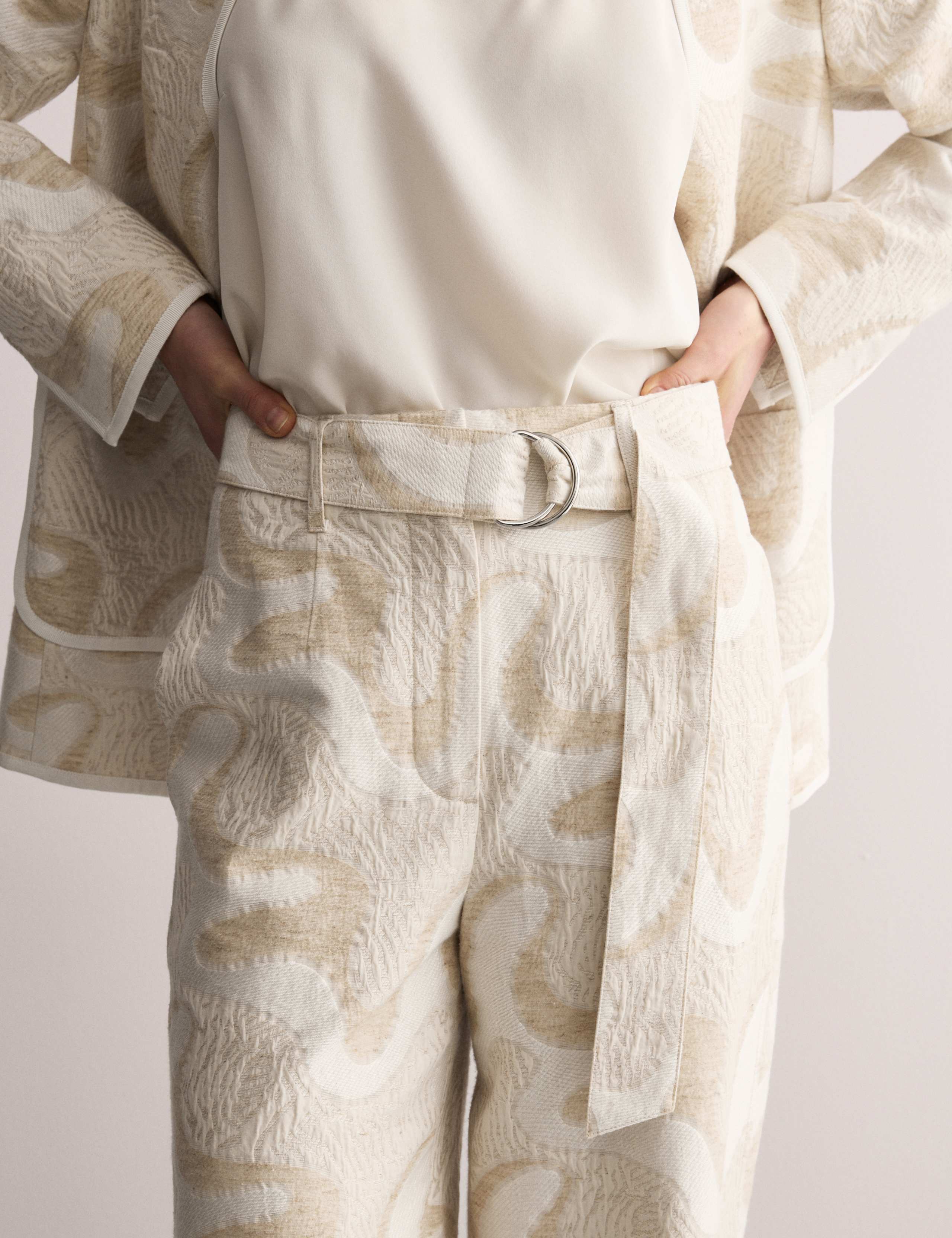 Cotton Rich Jacquard Belted Tapered Trousers 3 of 8