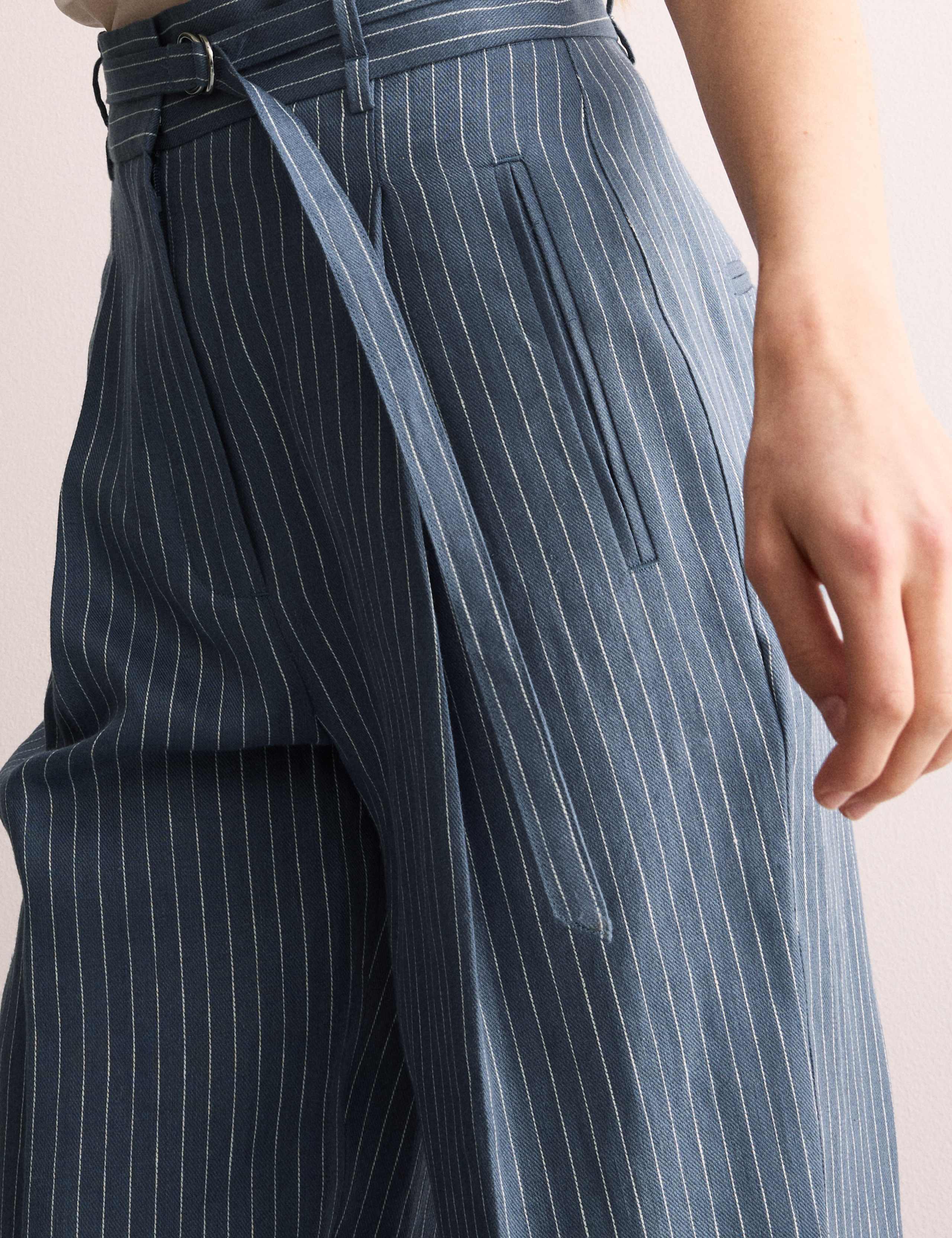Pure Linen Pinstripe Belted Tapered Trousers 3 of 9