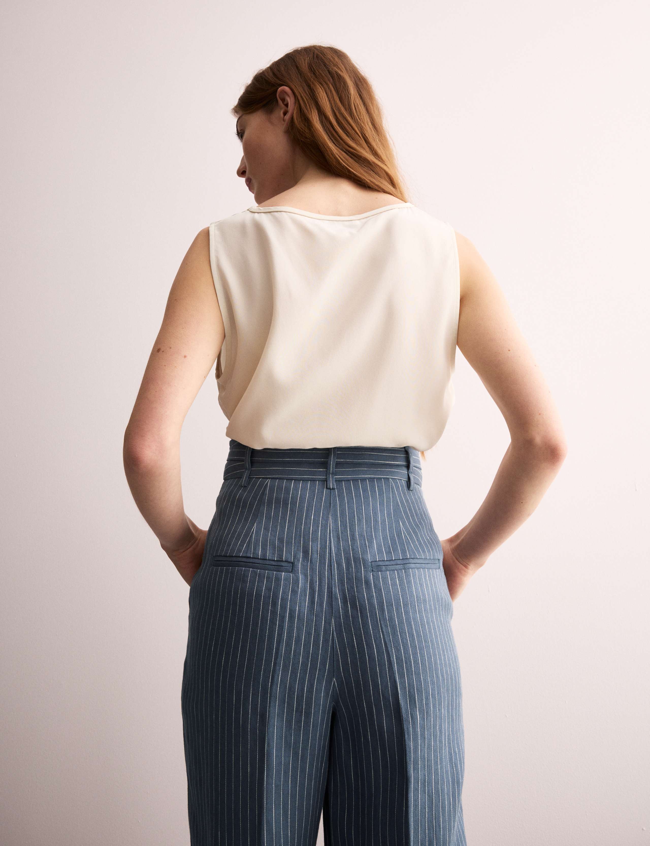 Pure Linen Pinstripe Belted Tapered Trousers 5 of 9