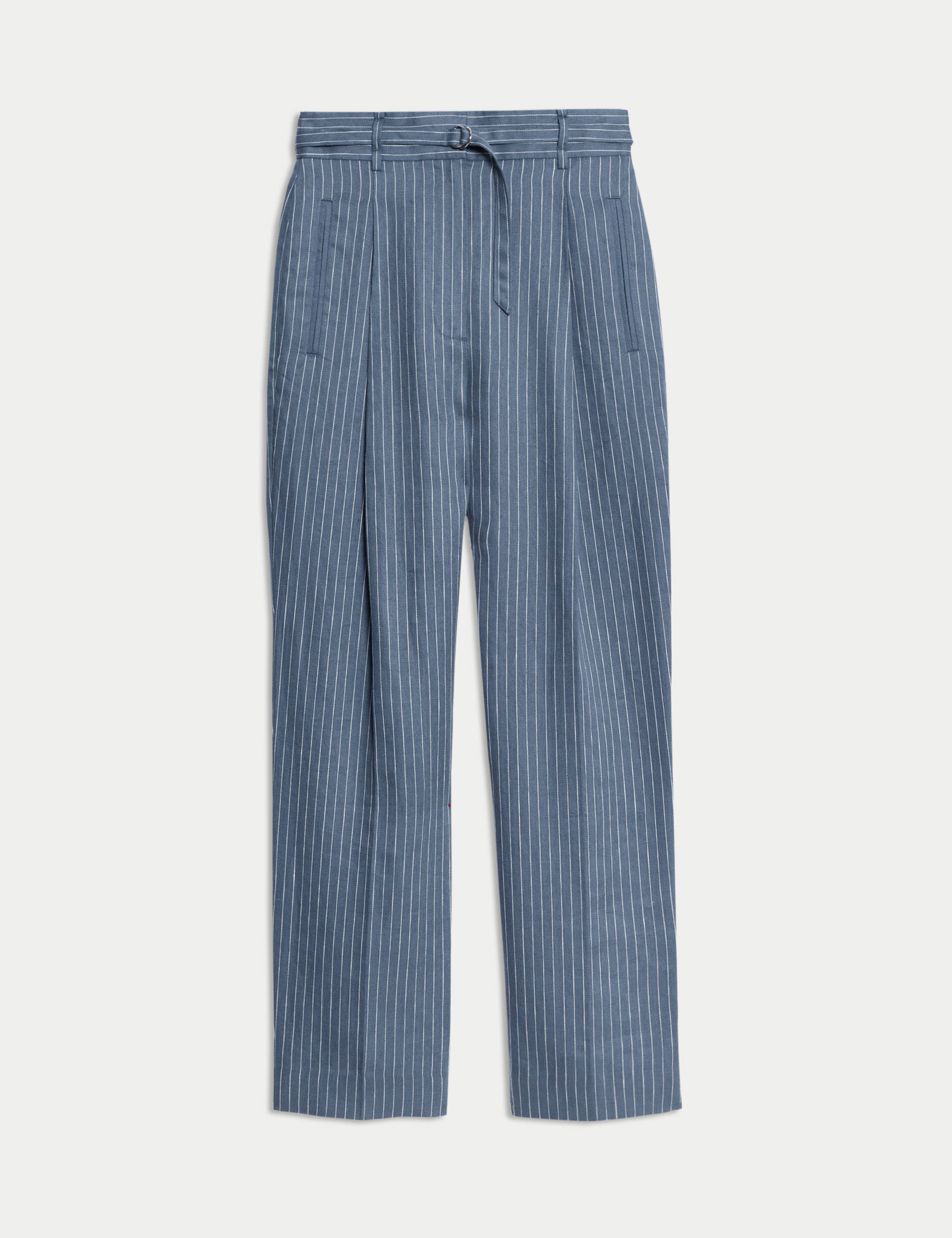 Pure Linen Pinstripe Belted Tapered Trousers 2 of 9