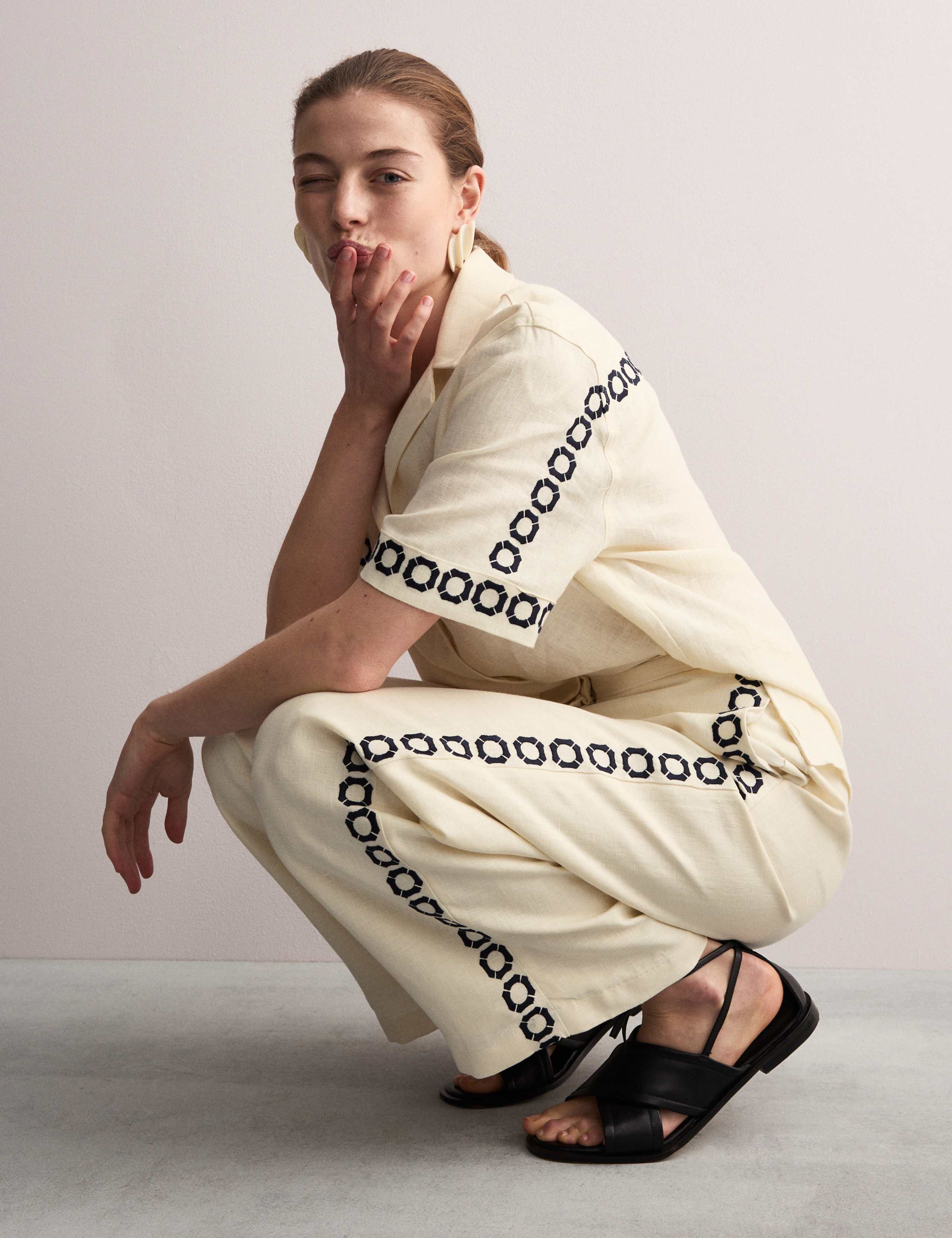 Pure Linen Embroidered Wide Leg Trousers 1 of 6