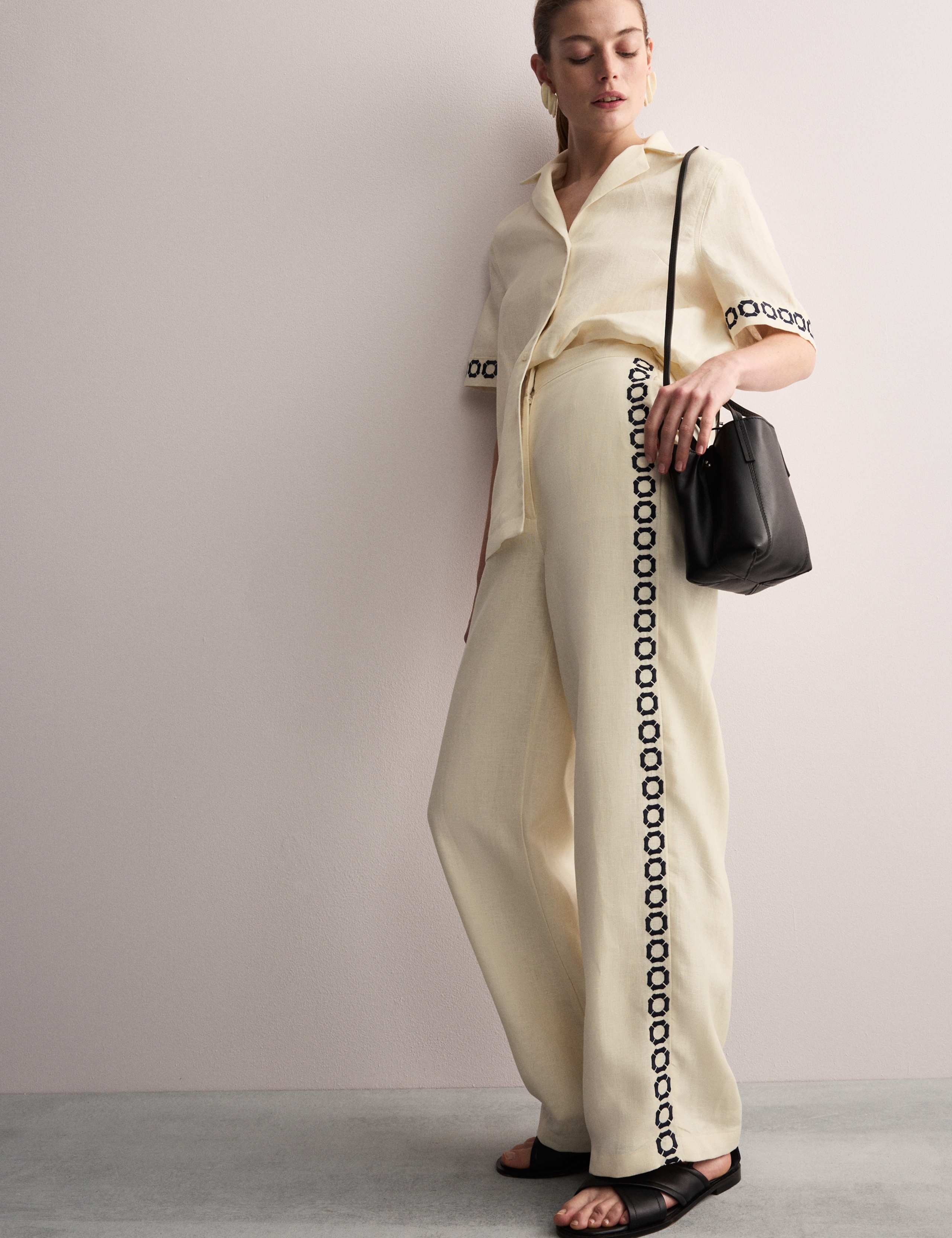 Pure Linen Embroidered Wide Leg Trousers 3 of 6