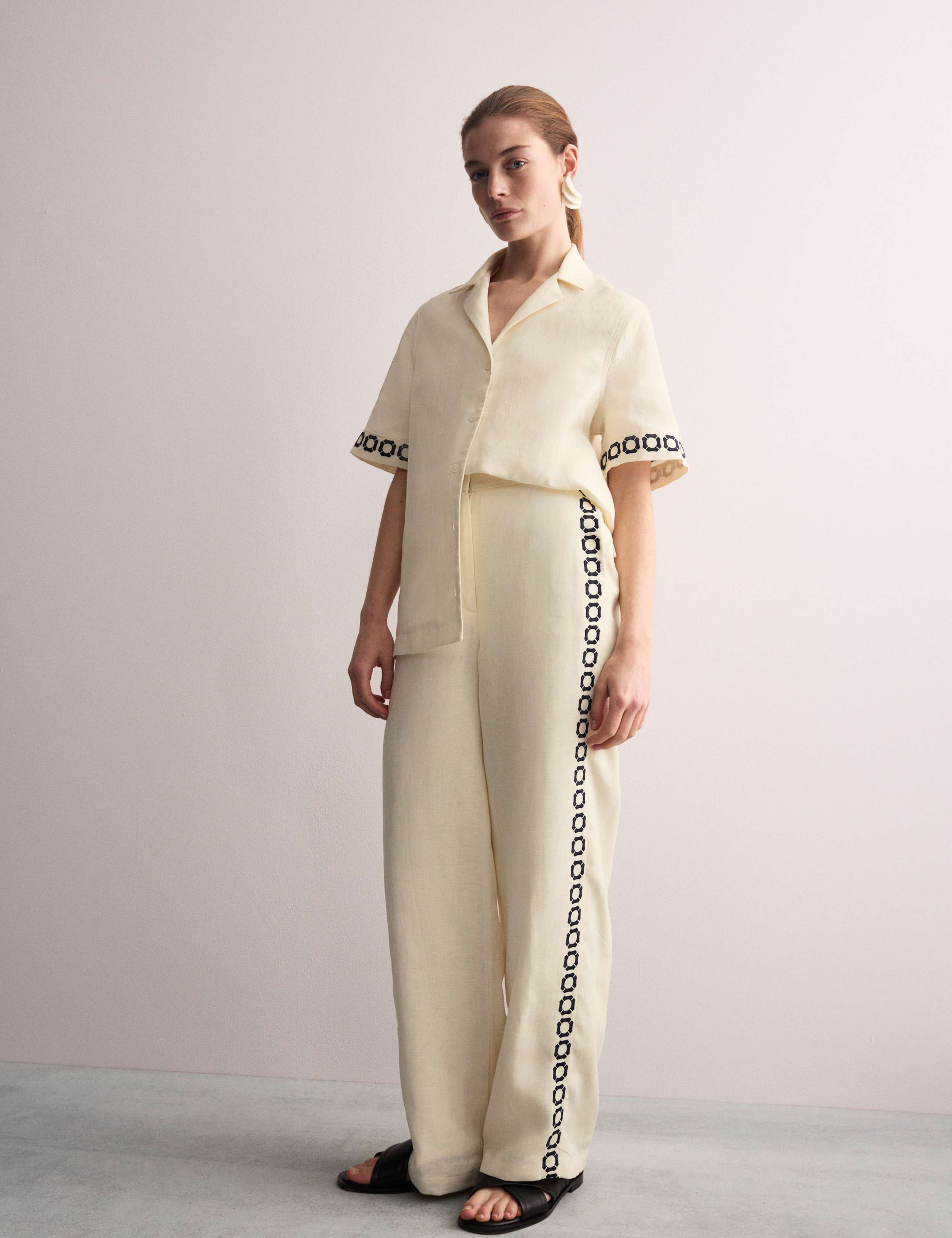 Pure Linen Embroidered Wide Leg Trousers 4 of 6